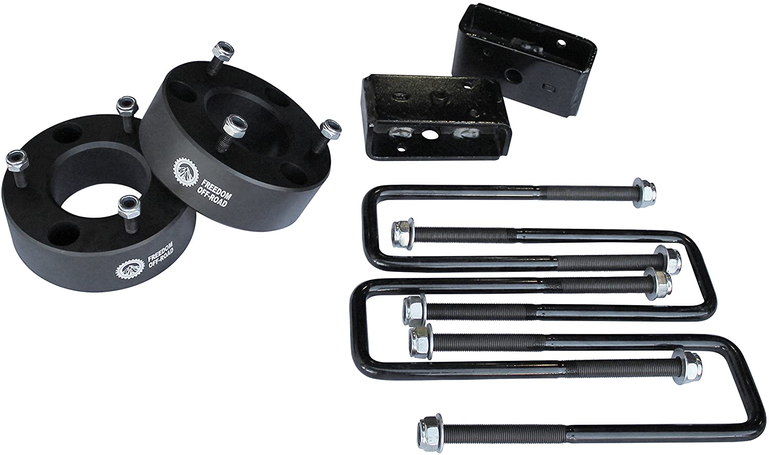 3-inch front strut spacers and 2-inch rear lift blocks with U-bolts for 2005-2023 Nissan Titan Freedom Off-Road.