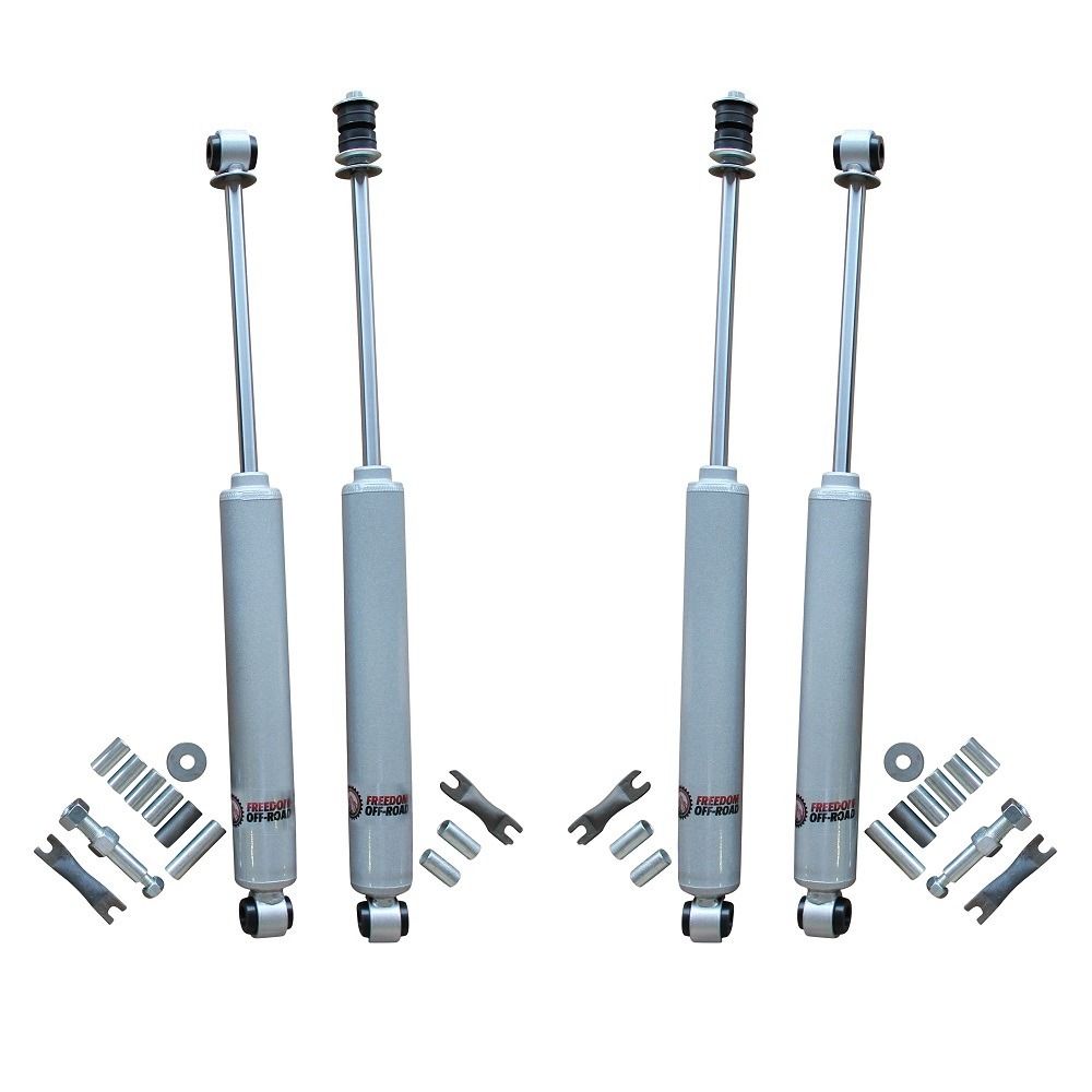 Extended nitro shocks for 93-04 Grand Cherokee and 97-06 Wrangler, designed for 0-4 inch lift, includes installation hardware.