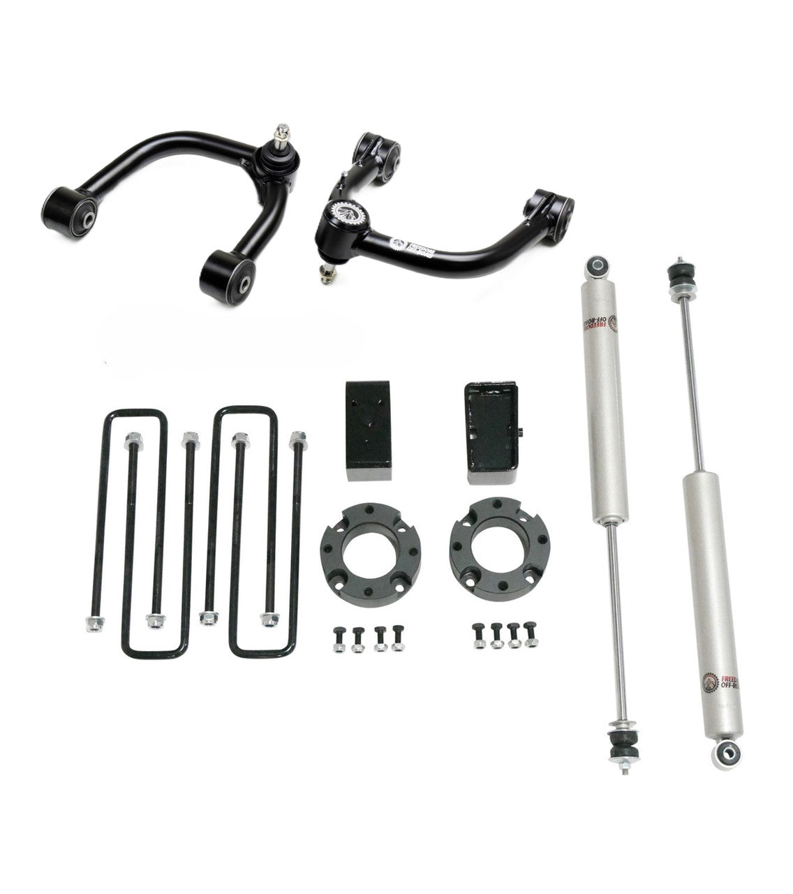 3-inch lift kit for 2005-2023 Toyota Tacoma, including front spacers, rear blocks, shocks, and control arms.