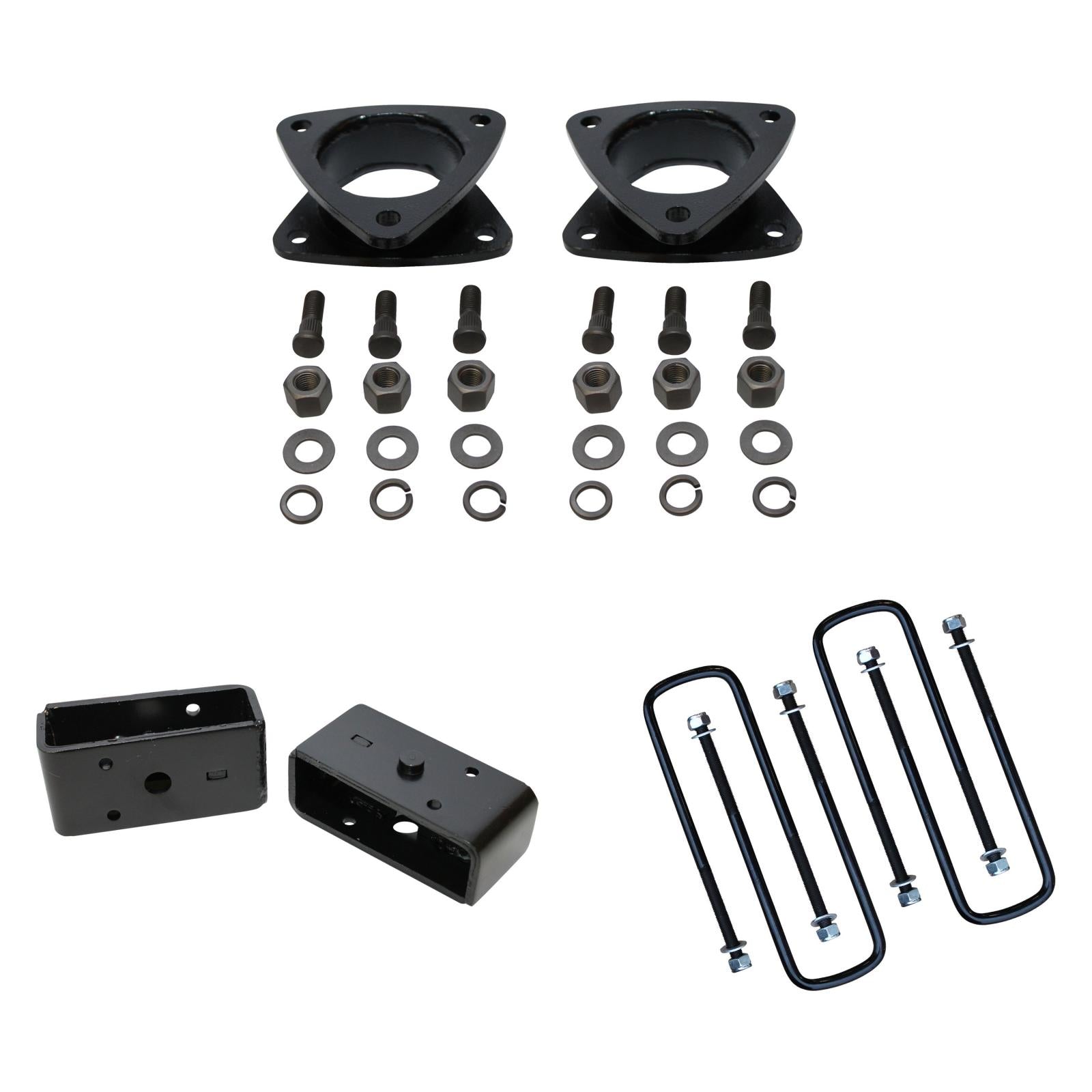 3 inch front strut spacers and 2 inch rear lift blocks with U-bolts for 95-04 Tacoma Freedom Off-Road suspension lift kit.