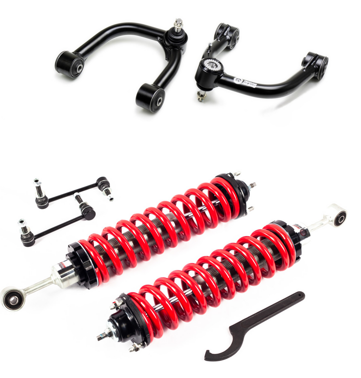Coilovers and upper control arms for 10-Up GX460, 03-09 GX470, 07-14 4Runner, and FJ Cruiser by Freedom Off-Road.