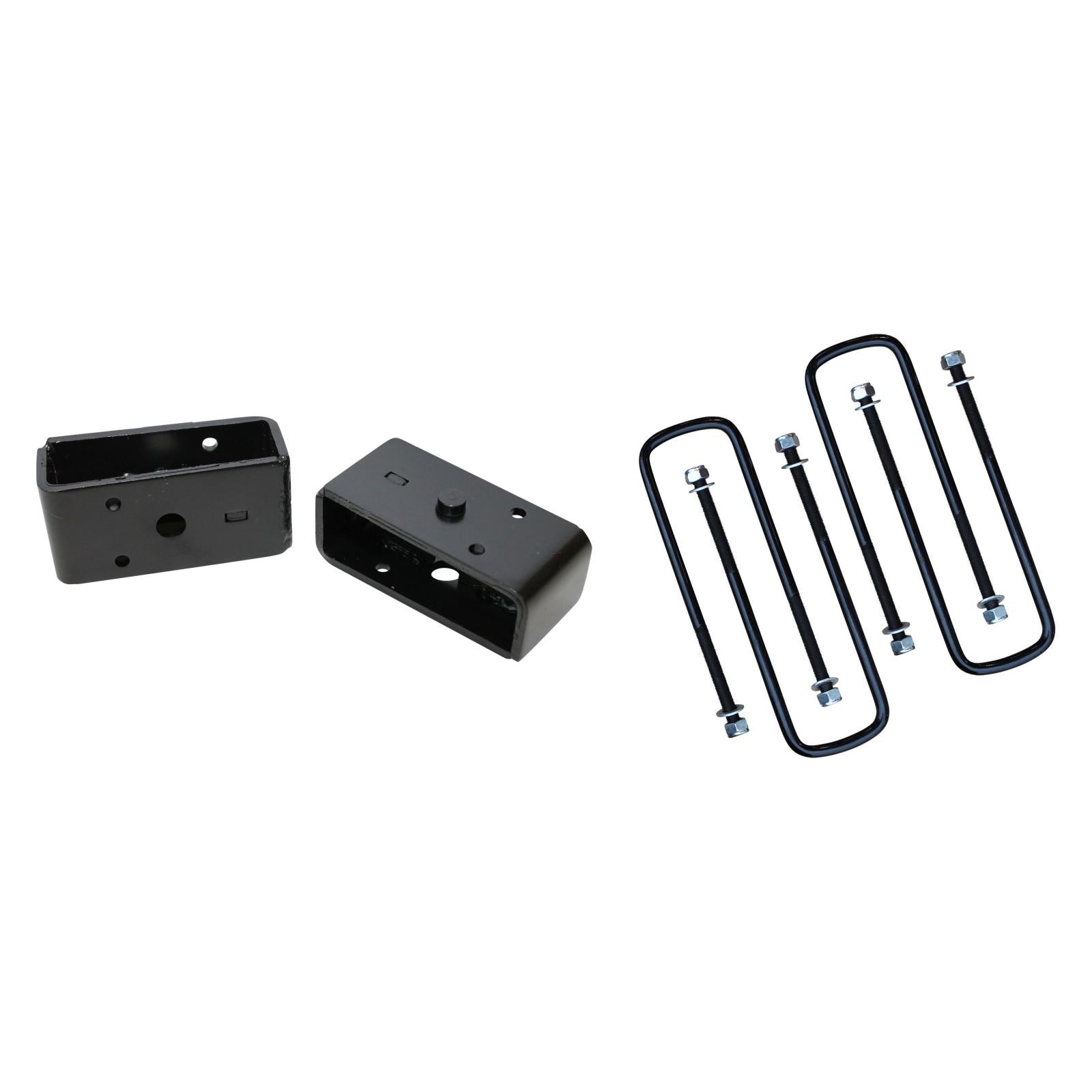 2-inch steel rear lift blocks with extended U-bolts for Chevrolet and GMC trucks, enhancing suspension for off-road performance.