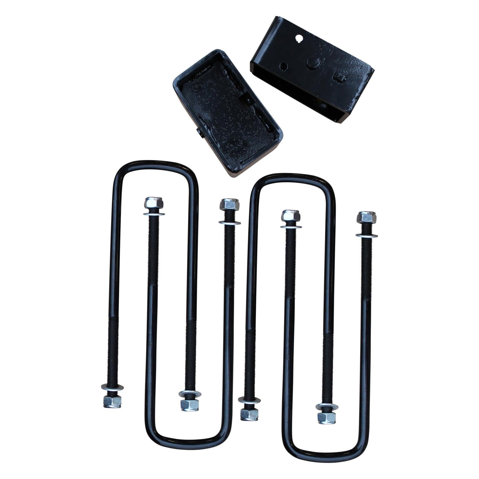 3-inch steel rear lift blocks with extended U-bolts for Chevrolet and GMC trucks, enhancing off-road performance and stability.