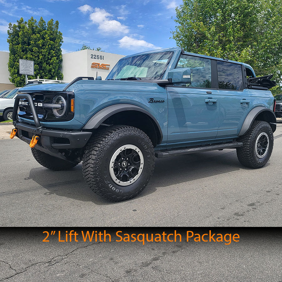 2021 Ford Bronco with 2-inch lift and Sasquatch package, showcasing offroad capabilities and rugged design.
