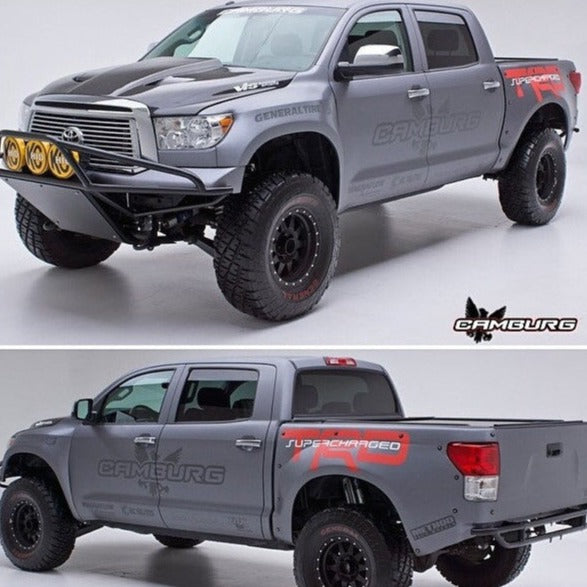 2007-2013 Toyota Tundra fenders displayed on a modified truck with offroad tires and custom graphics.