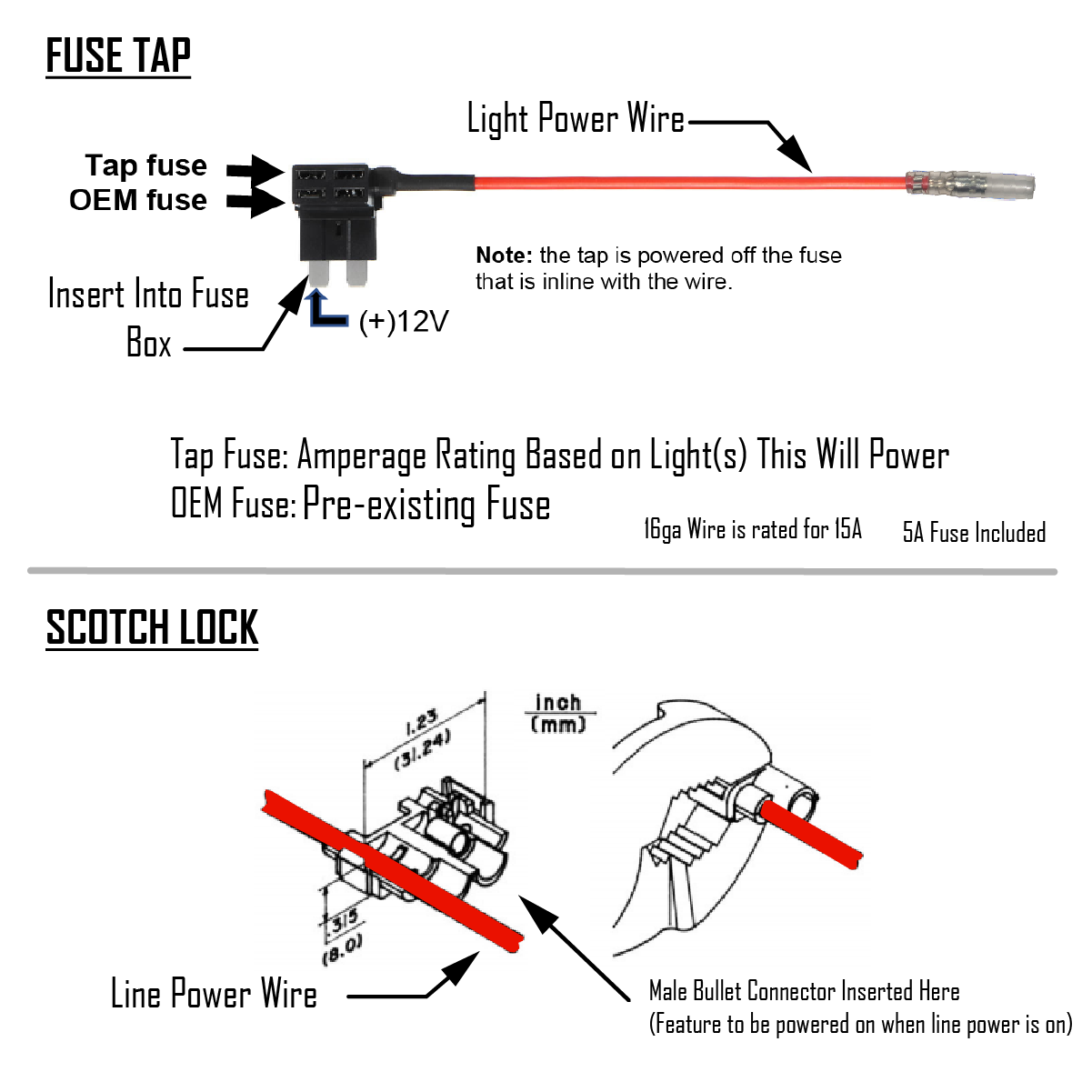 Baja Designs wiring harness and fuse tap kit for connecting lights, featuring a power wire and scotch lock connector.