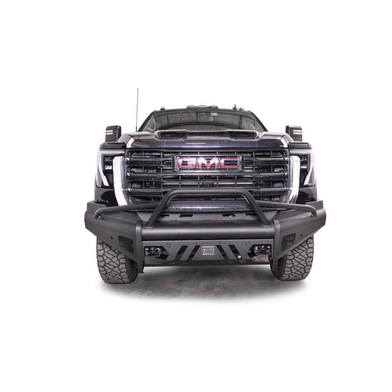 Fab Fours Elite Front Bumper w/ Pre-Runner Guard Black Steel w/ Sensor Incl. Tow Hooks Model GM24-Q6262-1