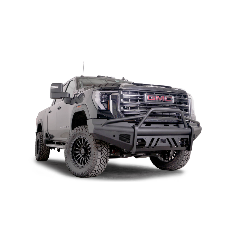 Fab Fours Elite Front Bumper w/ Pre-Runner Guard Black Steel w/ Sensor Incl. Tow Hooks Model GM24-Q6262-1