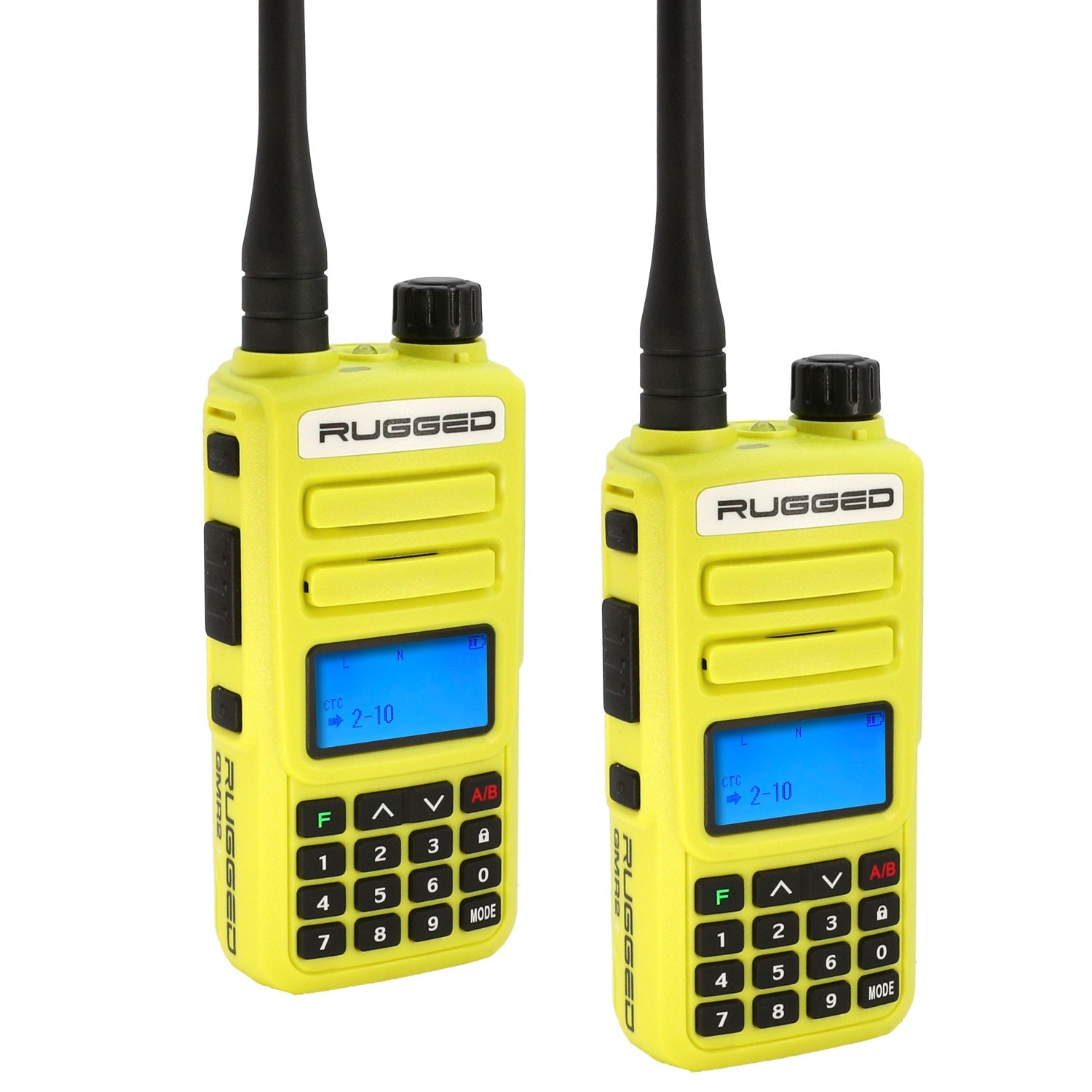 Two Rugged GMR2 PLUS handheld radios in safety yellow, featuring a digital display and keypad for communication.
