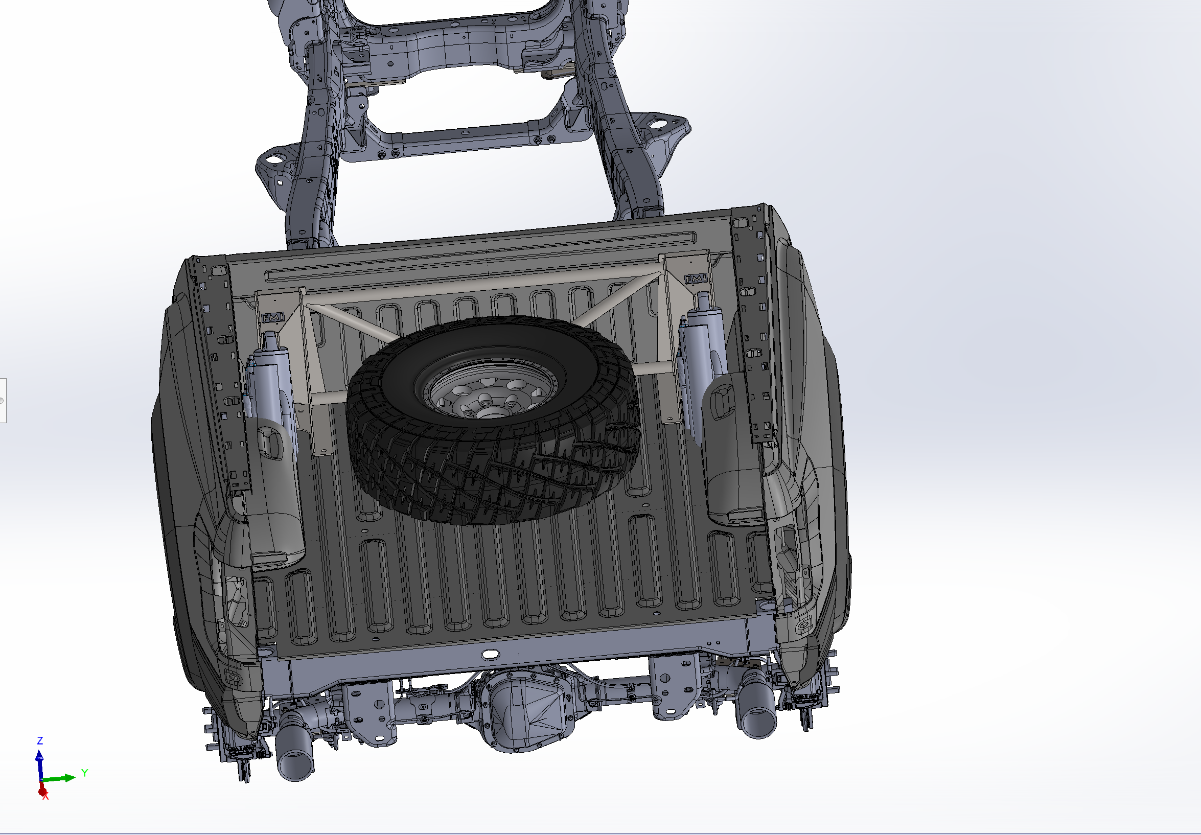 2017-2020 Raptor rear bed cage shock tower designed for 20.25-inch wheel travel, showcasing structural support and tire placement.