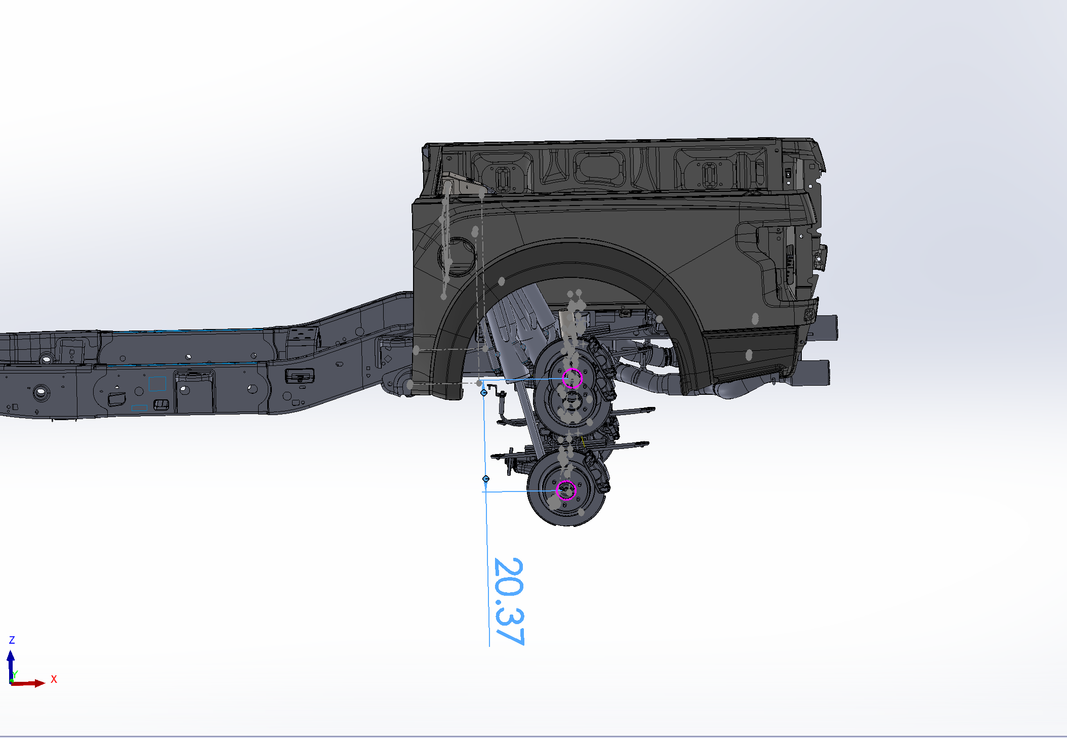 2017-2020 Raptor rear bed cage shock tower designed for 20.25-inch wheel travel, showcasing structural details.