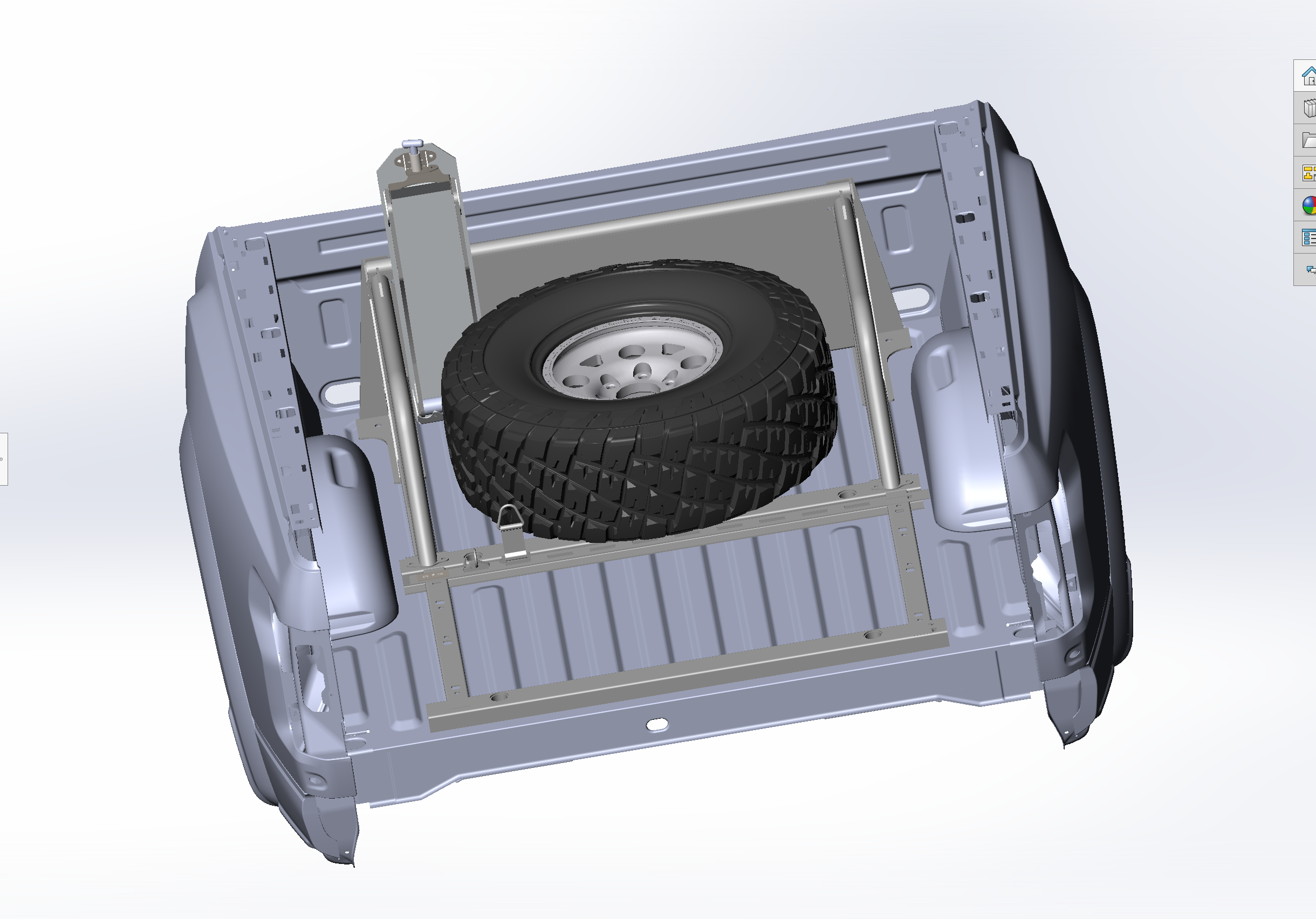 Modular bed organizer for 2017-2024 Ford Raptor and F150, featuring a tire mount and sturdy frame for enhanced storage.