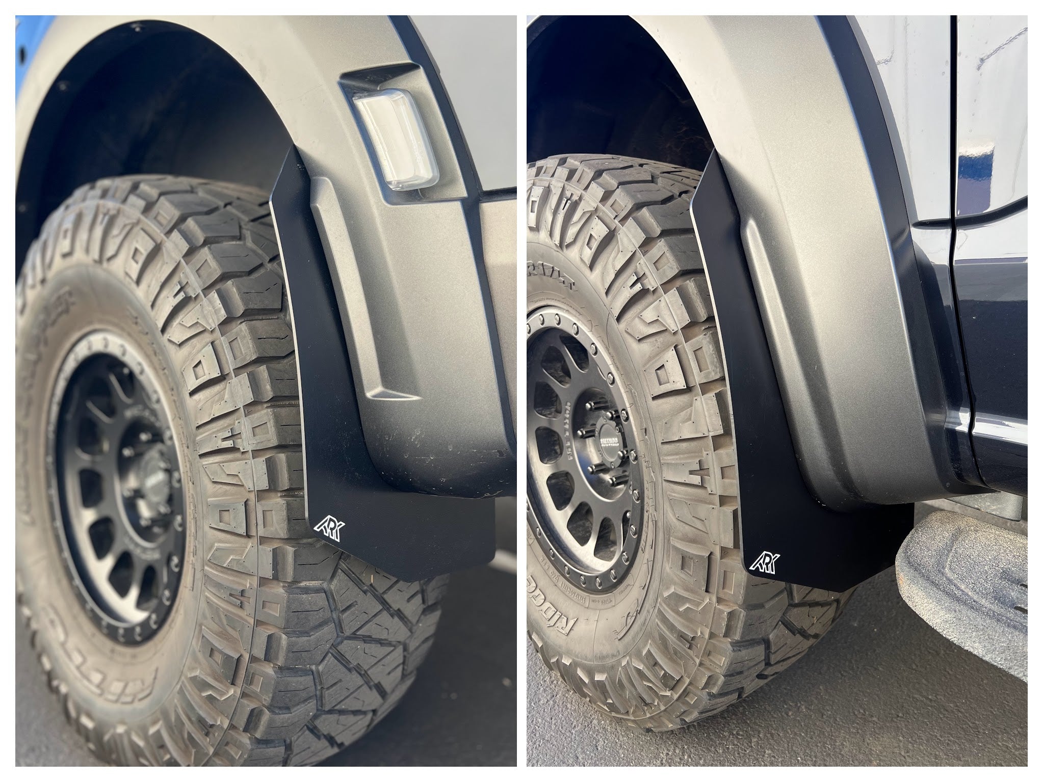 2021+ Ford Raptor mid mud flaps installed on a truck, showcasing rugged design and tire coverage for off-road protection.