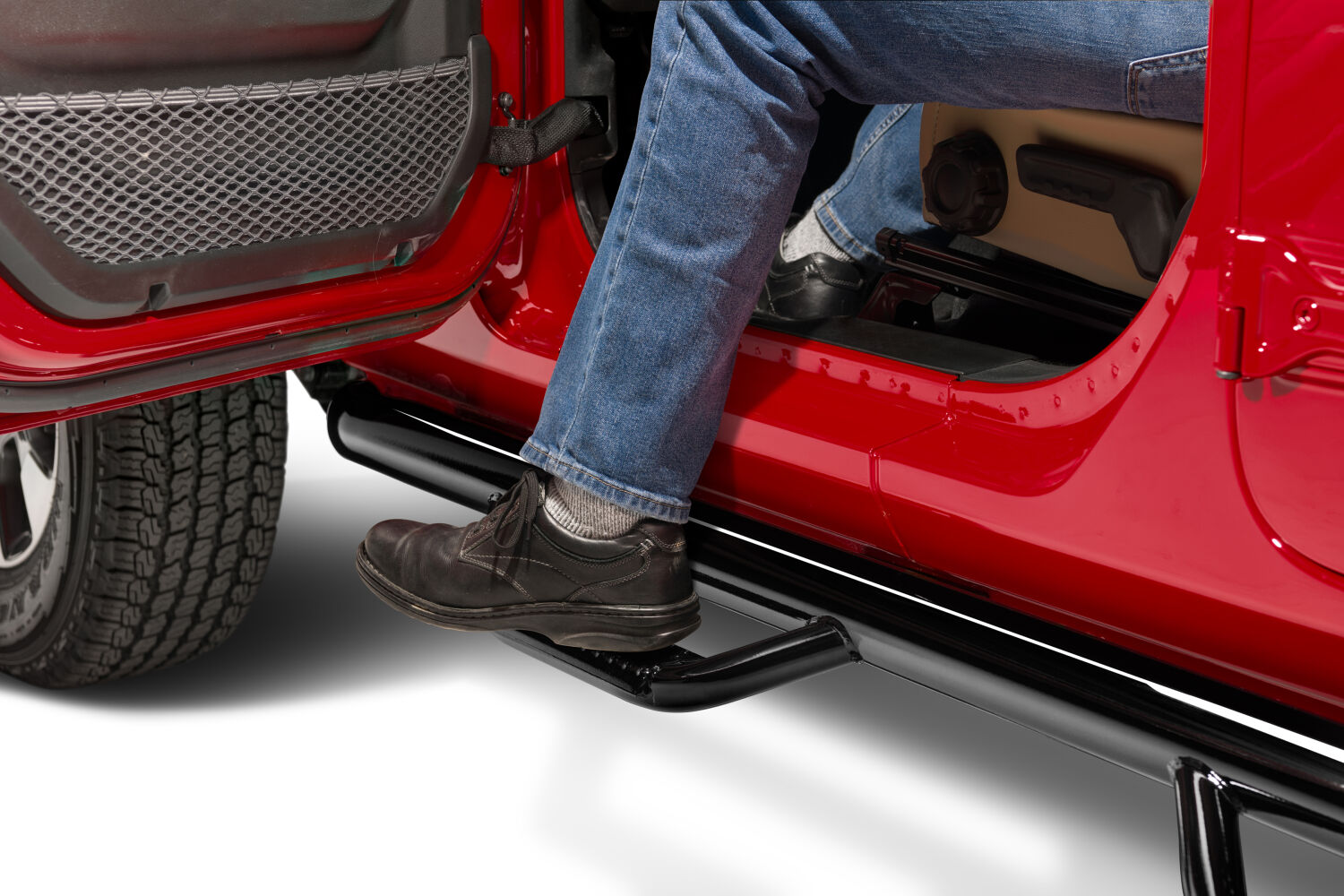 Nerf Step Bar Wheel-to-Wheel (2 Steps per Side) 3 Inch Main Tube Diameter 2007-2018 Jeep Wrangler JK 4-Door Gloss Black NFab