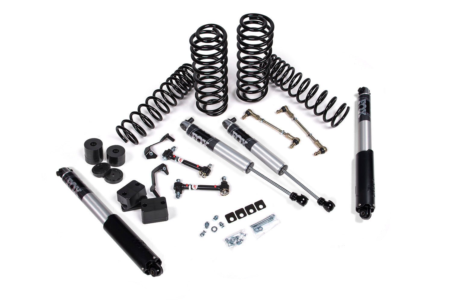 2.25-inch lift kit for 2-door Wrangler JL, including shocks, springs, and installation hardware for off-road performance.