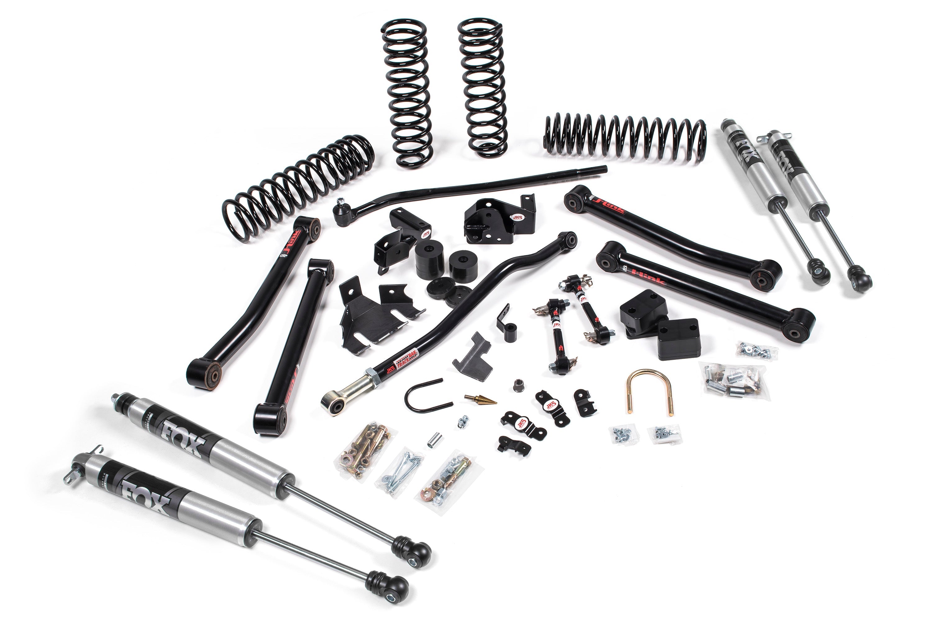 2-inch lift kit components for J-Konnect Wrangler 4xe (JL) 4-Door, including shocks, springs, and installation hardware.