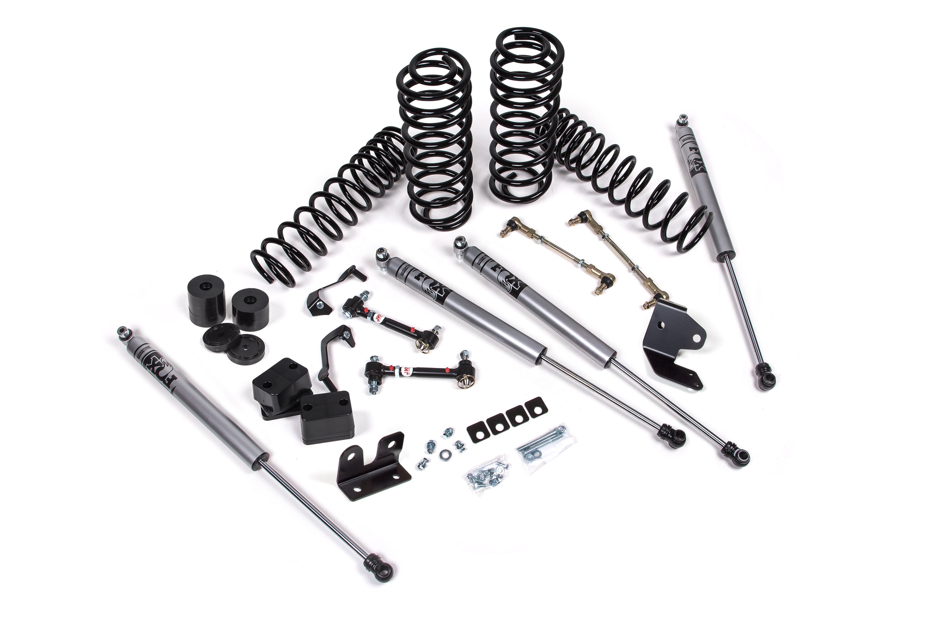 2.25-inch lift kit components for Wrangler JL 2-Door, including shocks, springs, and installation hardware.