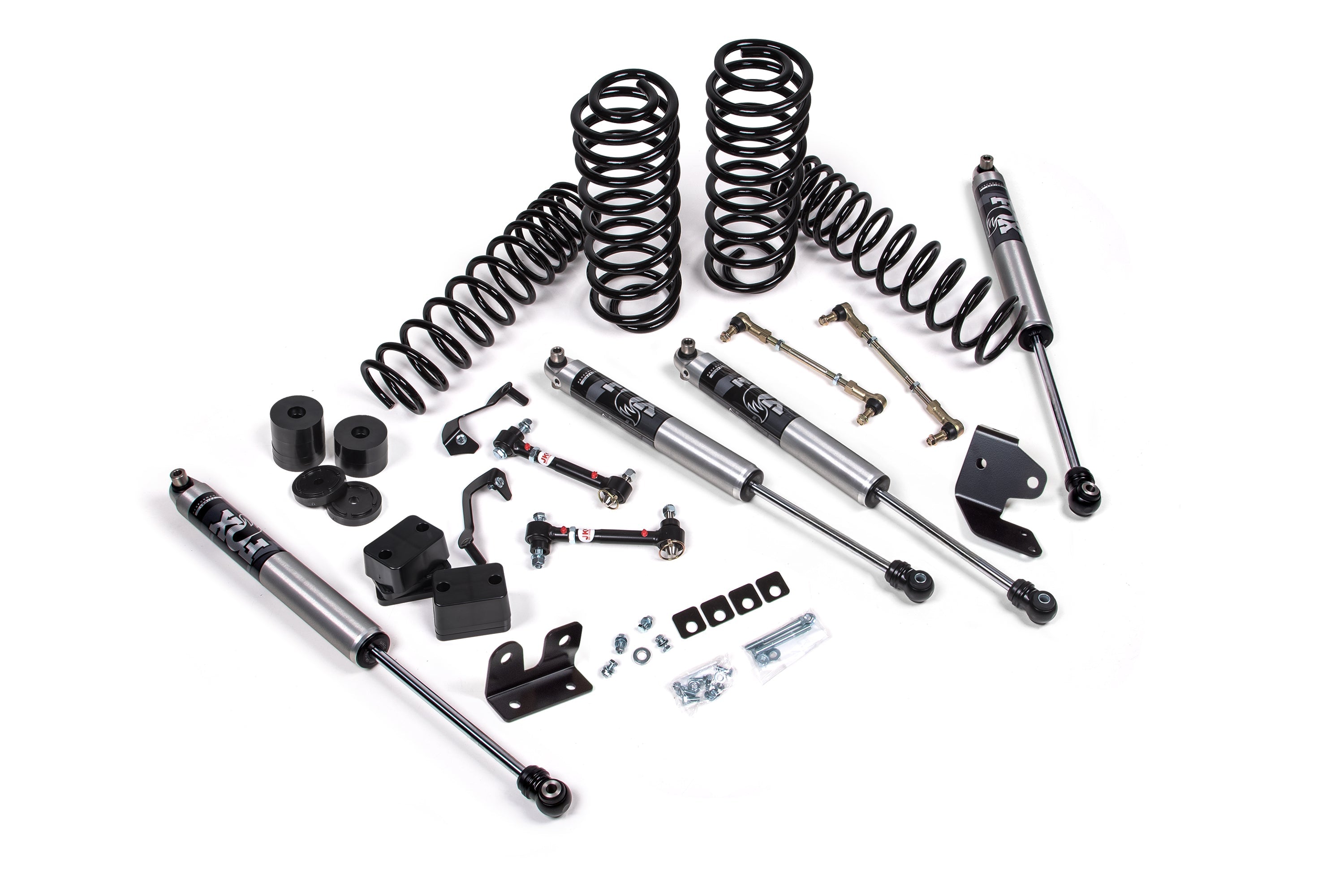 2.25-inch lift kit for 2-door Wrangler JL featuring shocks, springs, and installation hardware for enhanced off-road performance.