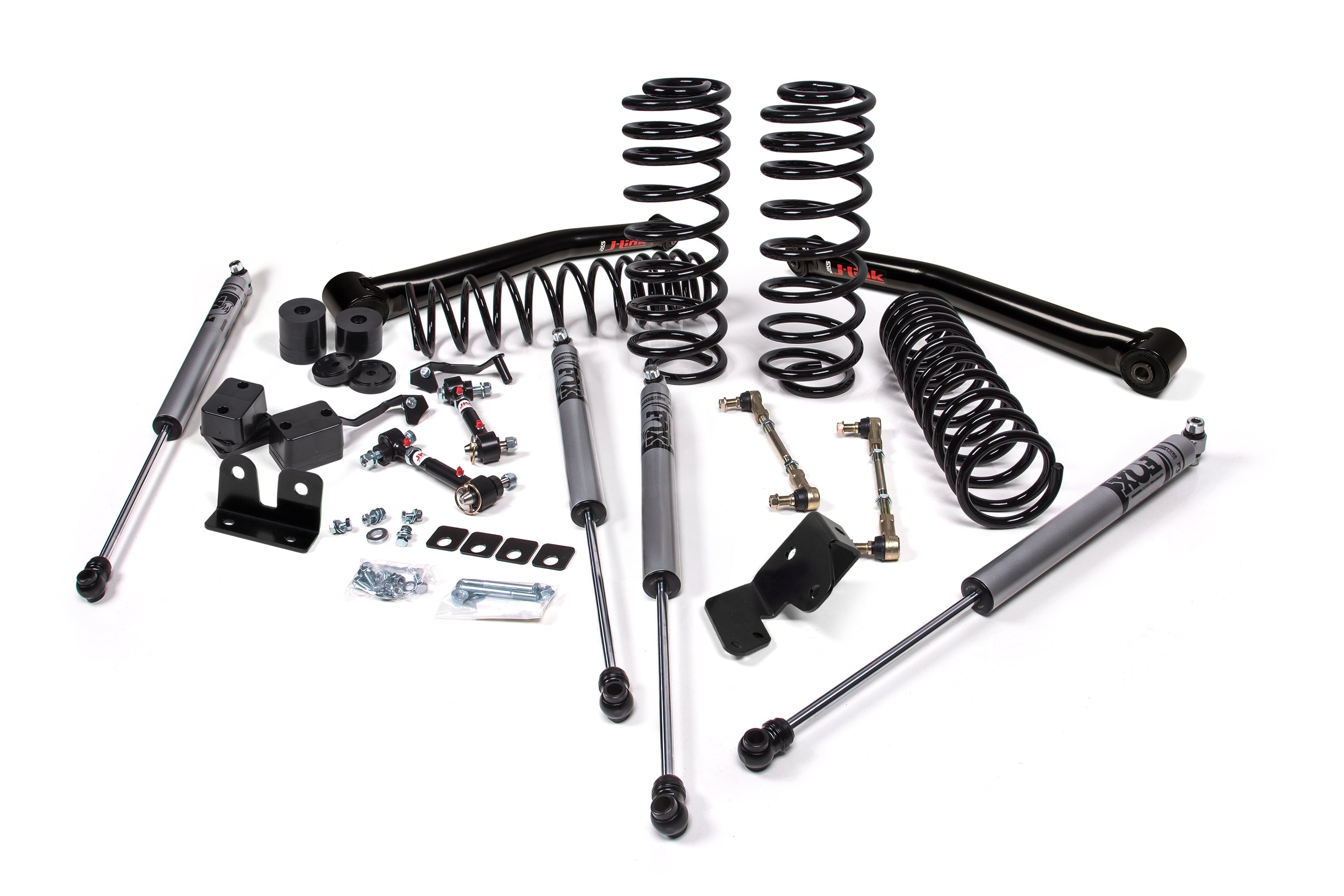 2.25-inch lift kit components for Wrangler JL 2-Door, including springs, shocks, and installation hardware.