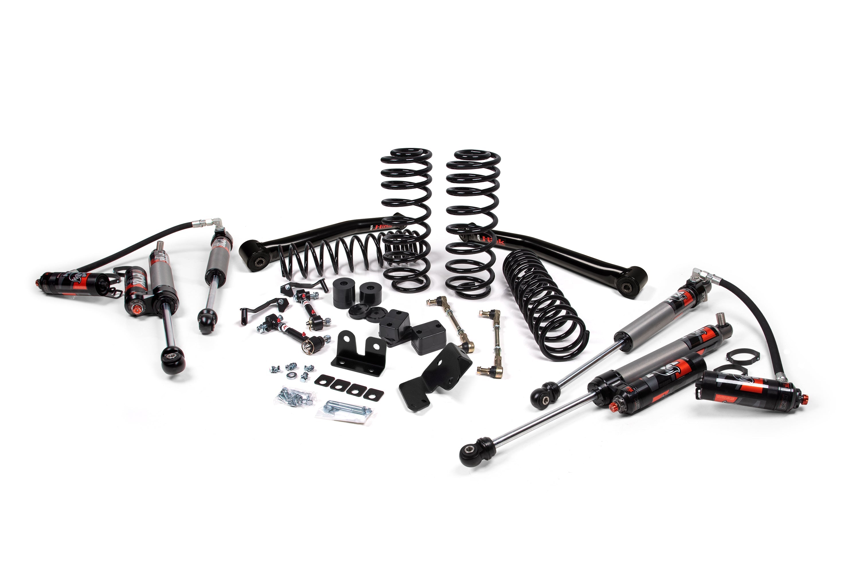 2.25-inch lift kit components for Wrangler JL 2-Door, including shocks, springs, and installation hardware.