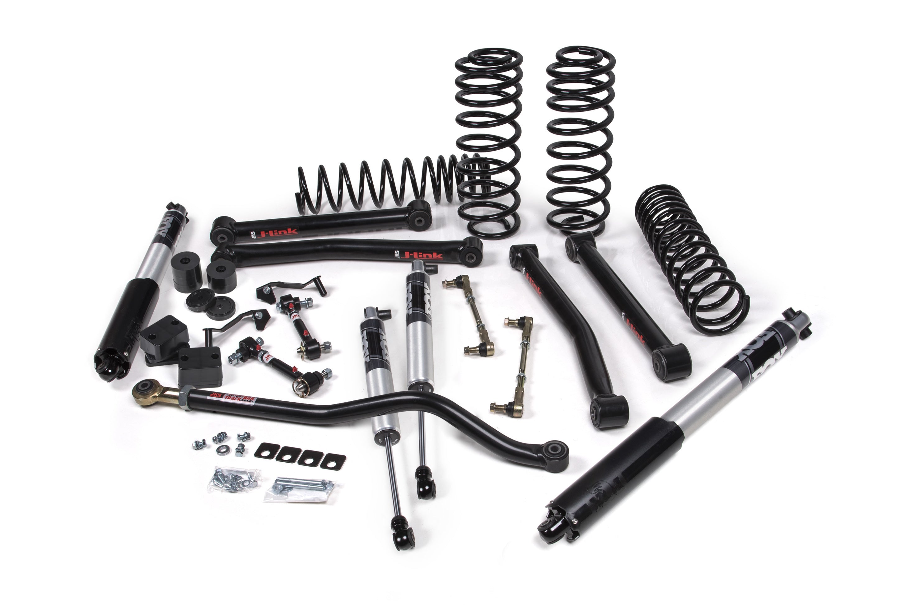 3-inch lift kit components for Jeep Wrangler JL 4xe, including shocks, springs, control arms, and installation hardware.