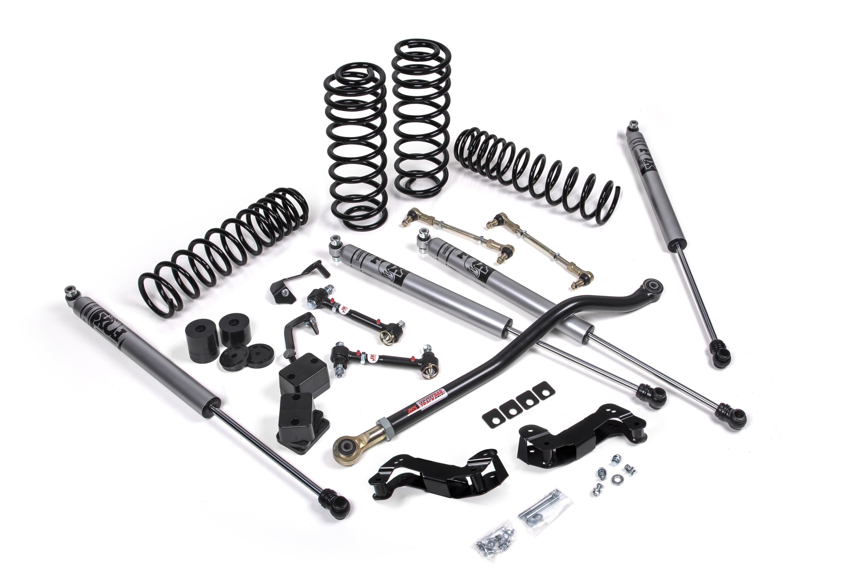 3-inch lift kit components for Jeep Wrangler JL 4xe, including shocks, springs, control arms, and installation hardware.