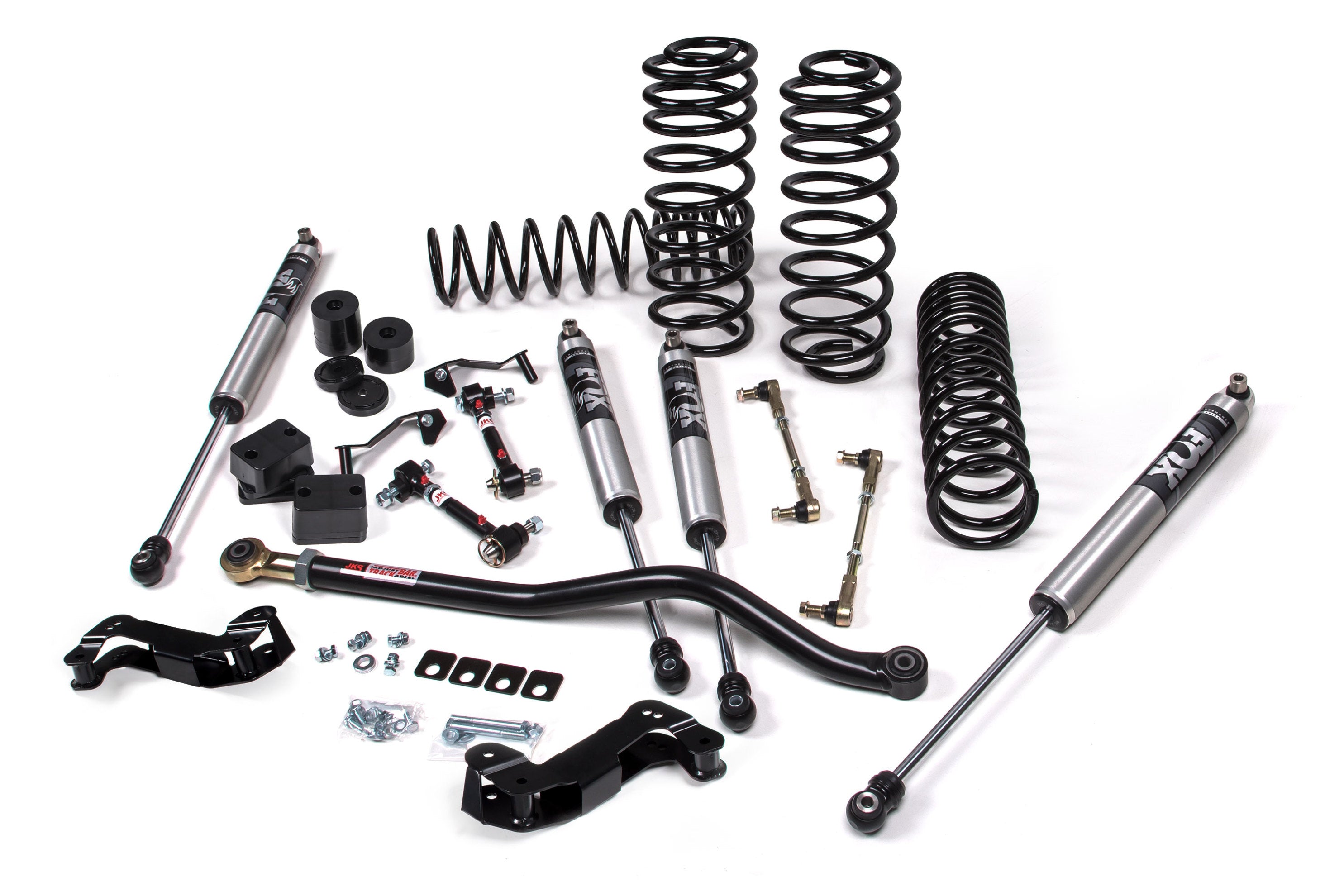 3-inch lift kit components for Jeep Wrangler JL 4xe, including shocks, springs, control arms, and installation hardware.