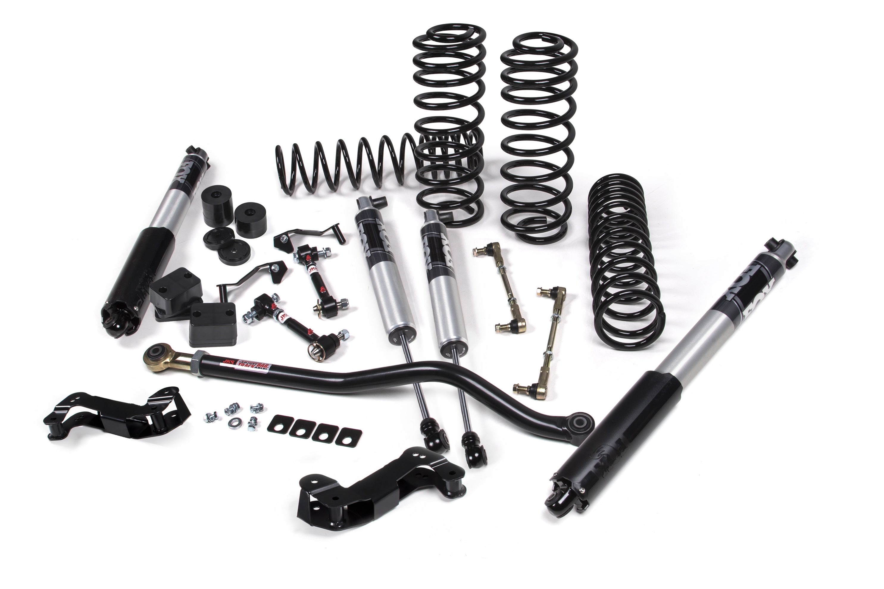 3-inch lift kit components for Jeep Wrangler JL 4xe, including shocks, springs, control arms, and installation hardware.