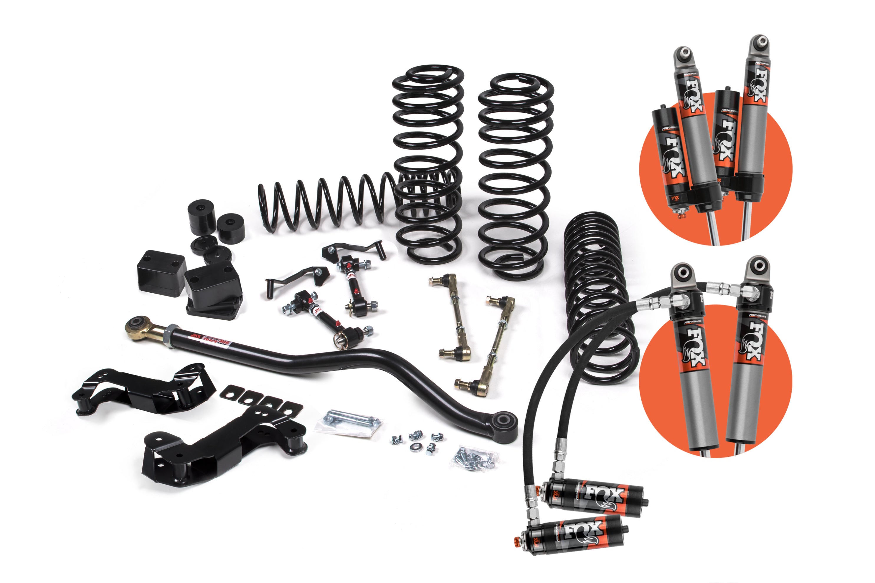 3-inch lift kit components for Jeep Wrangler JL 4xe, including springs, shocks, control arms, and installation hardware.