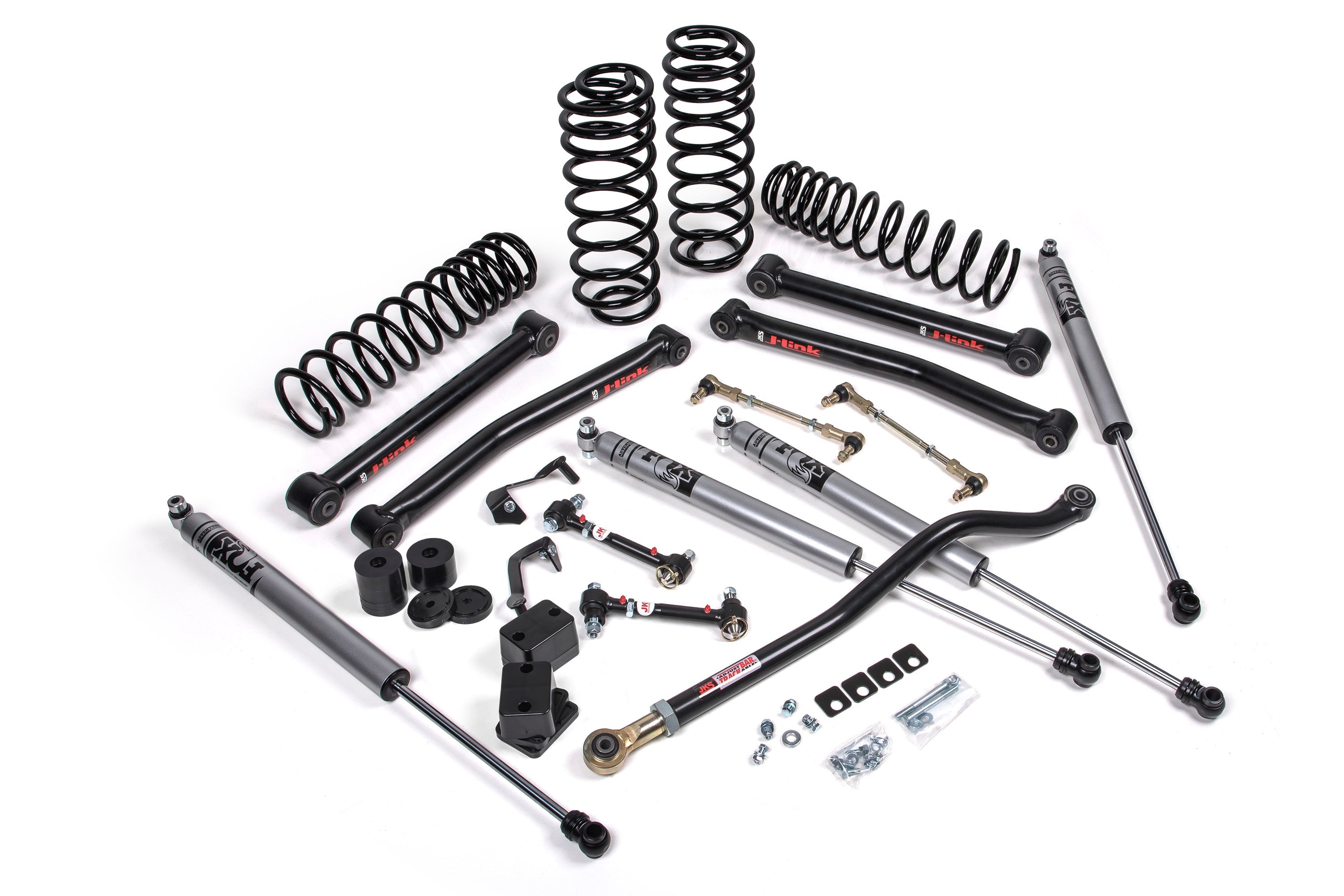 2-inch lift kit components for Wrangler 4xe (JL) 4-Door, including shocks, springs, and control arms for enhanced off-road performance.