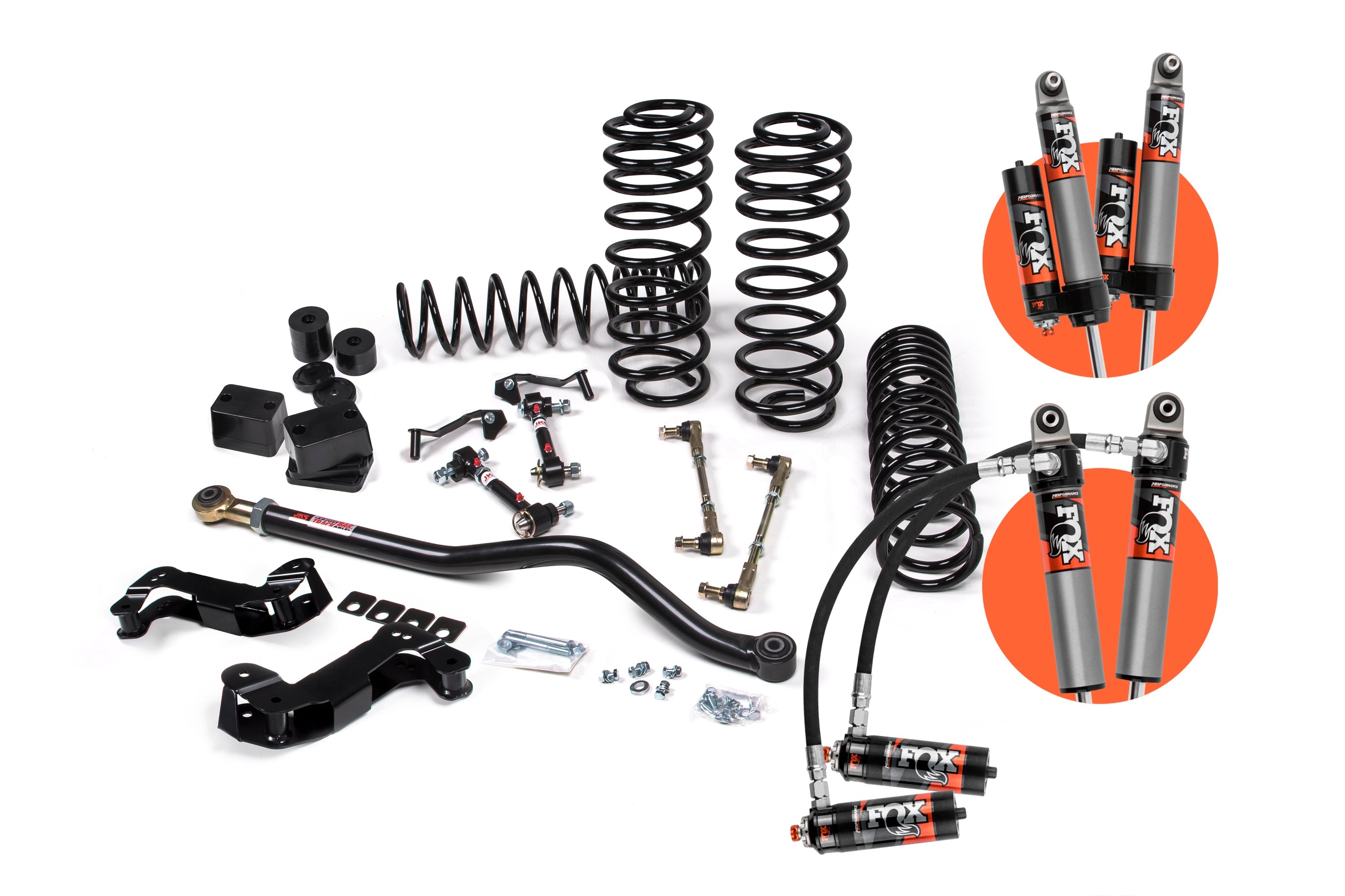 2-inch lift kit components for Wrangler 4xe (JL) 4-Door, including springs, shocks, control arms, and installation hardware.