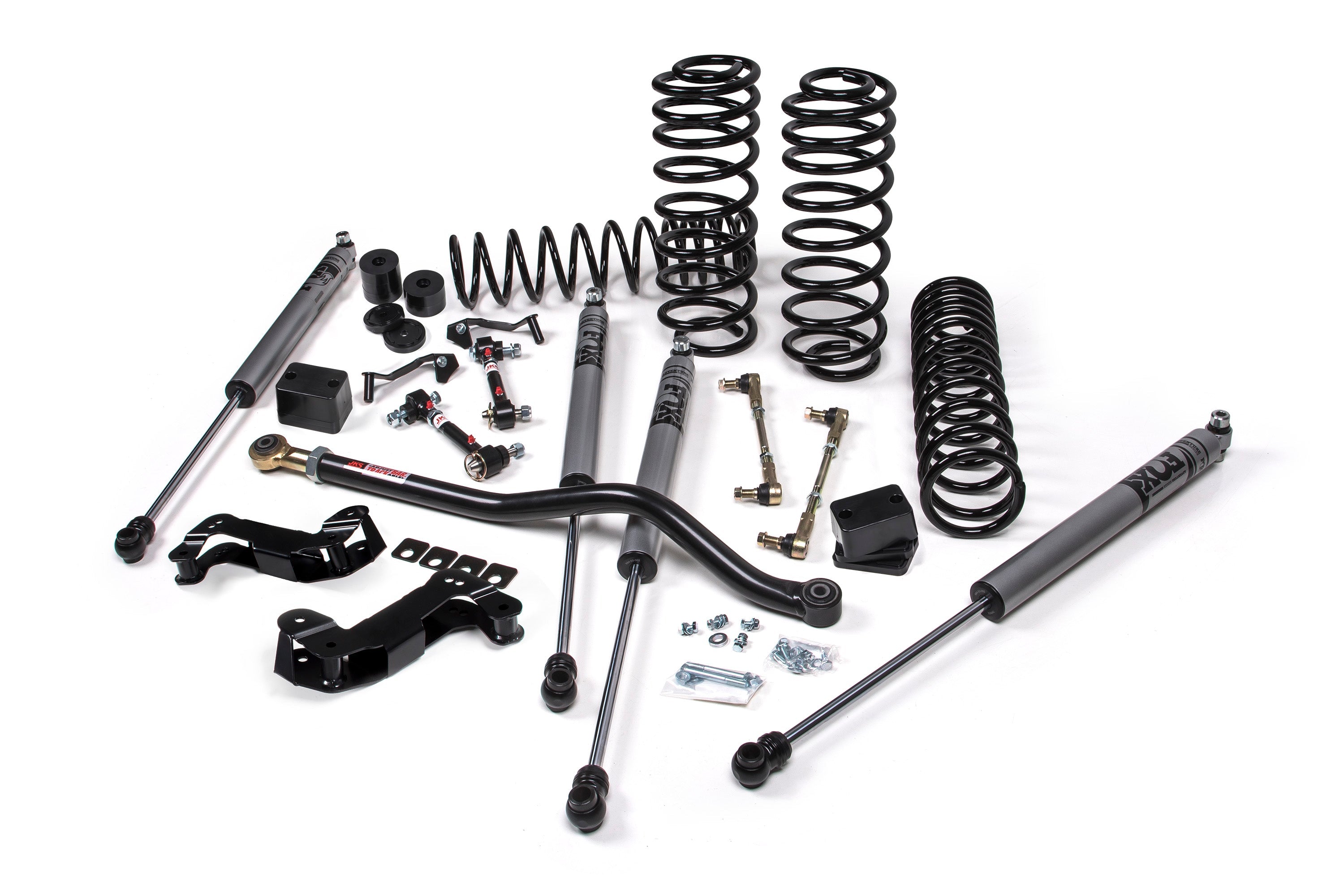 3.5-inch lift kit for Wrangler JL 4 Door, including shocks, springs, control arms, and installation hardware.