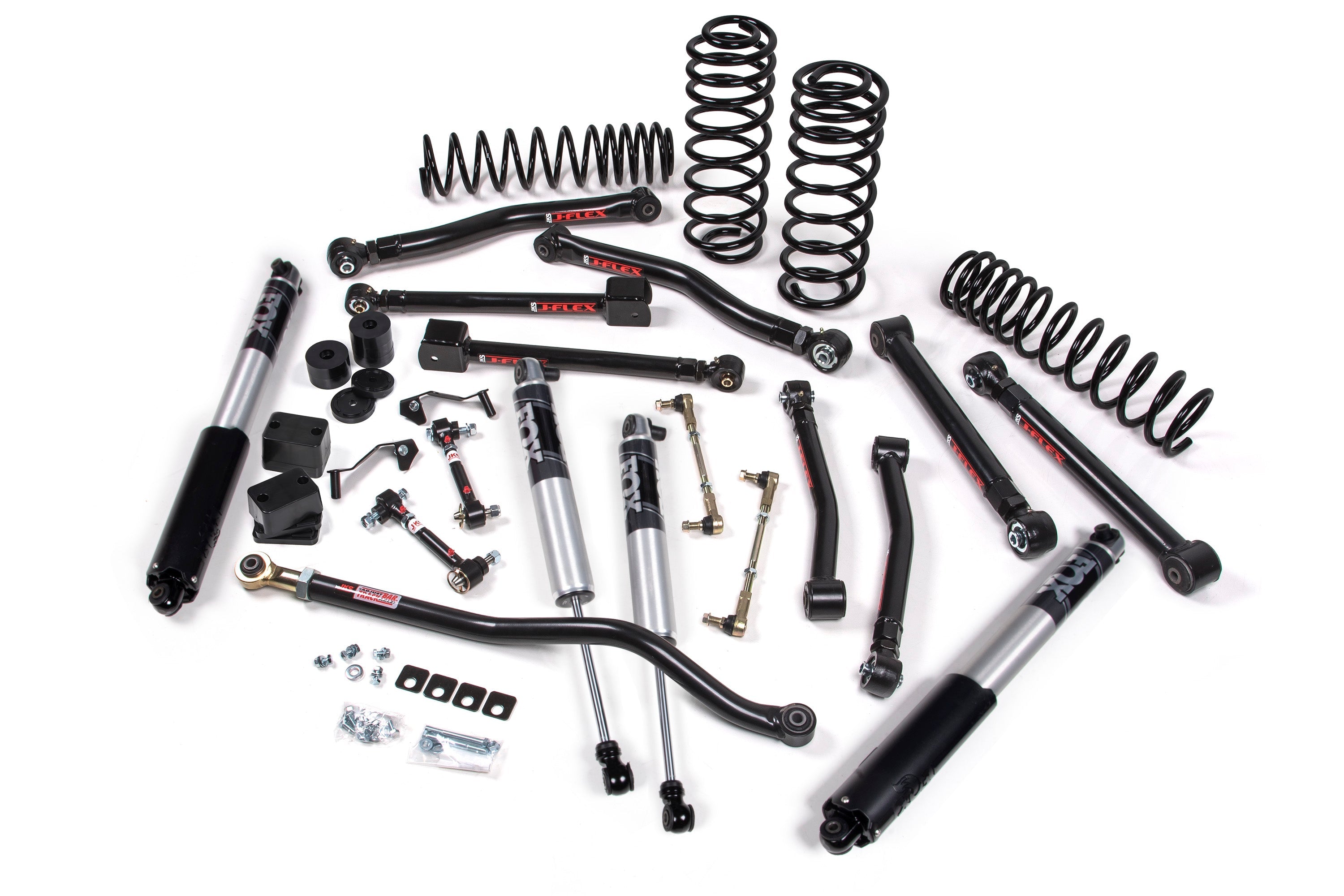 3.5-inch lift kit components for Gladiator JT, including shocks, springs, control arms, and installation hardware.