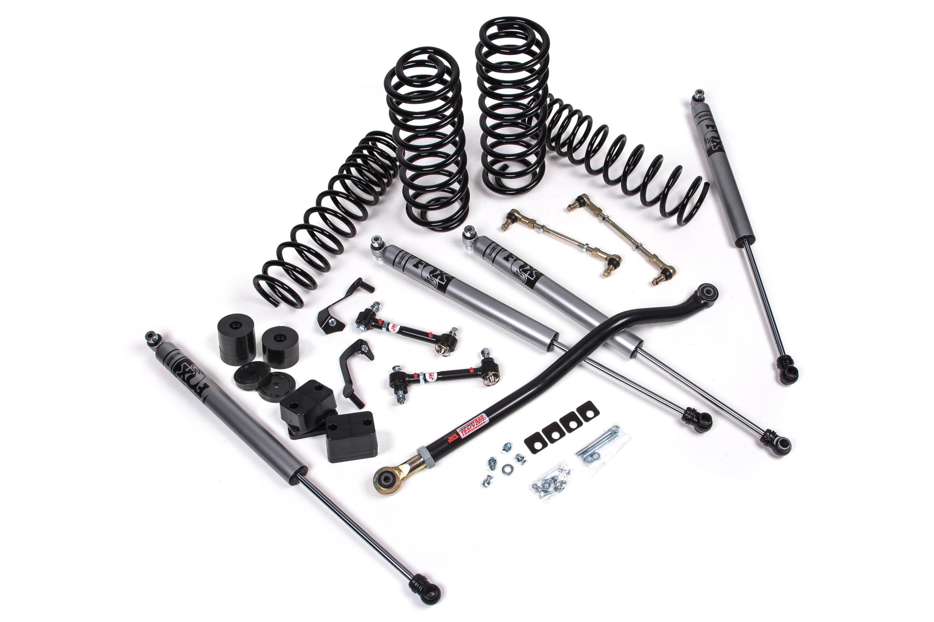 3-inch lift kit components for Jeep Wrangler JL 4xe, including springs, shocks, and installation hardware.