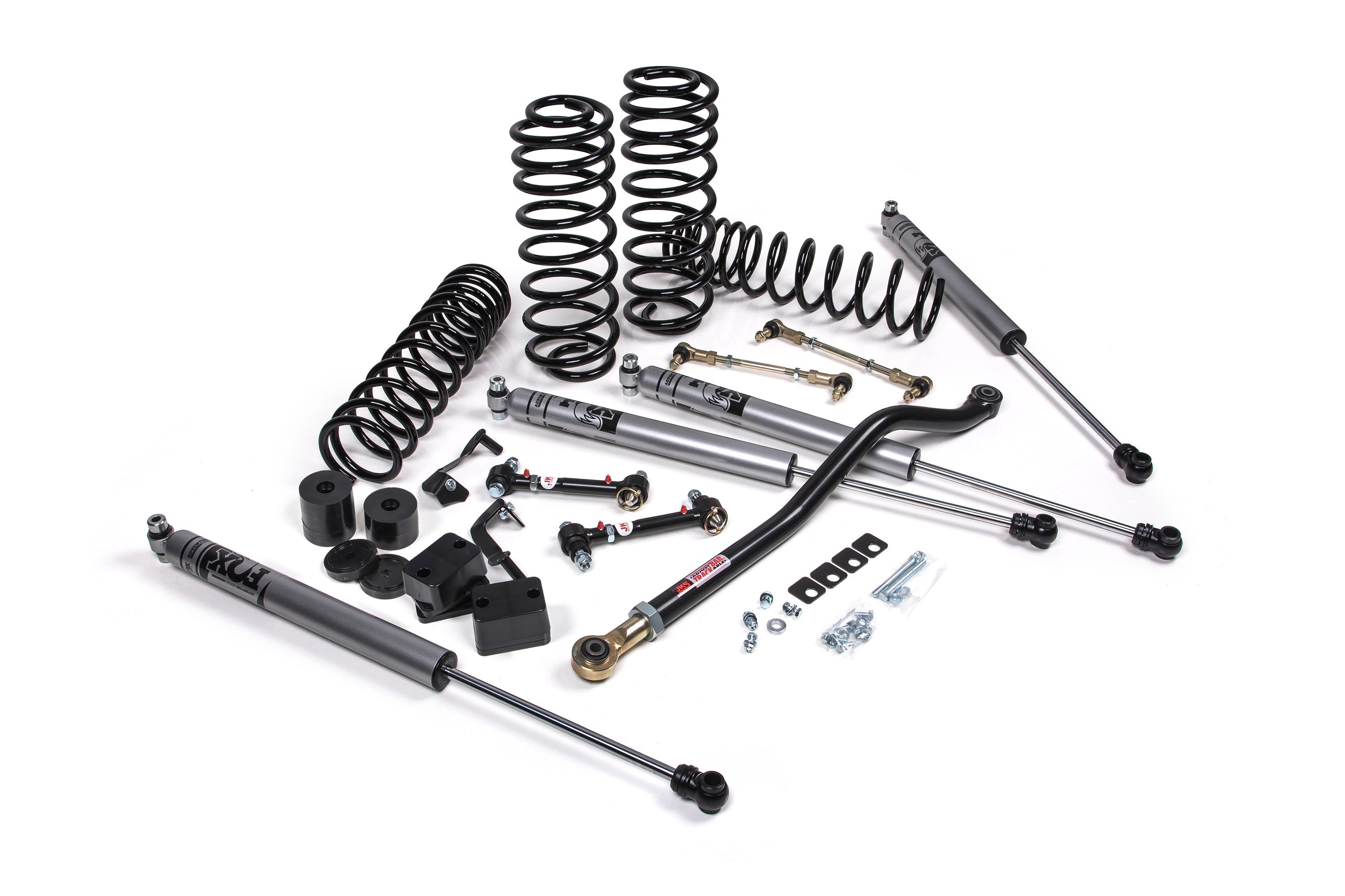 2-inch lift kit components for J-Venture Wrangler 4xe JL 4-Door, including shocks, springs, and installation hardware.