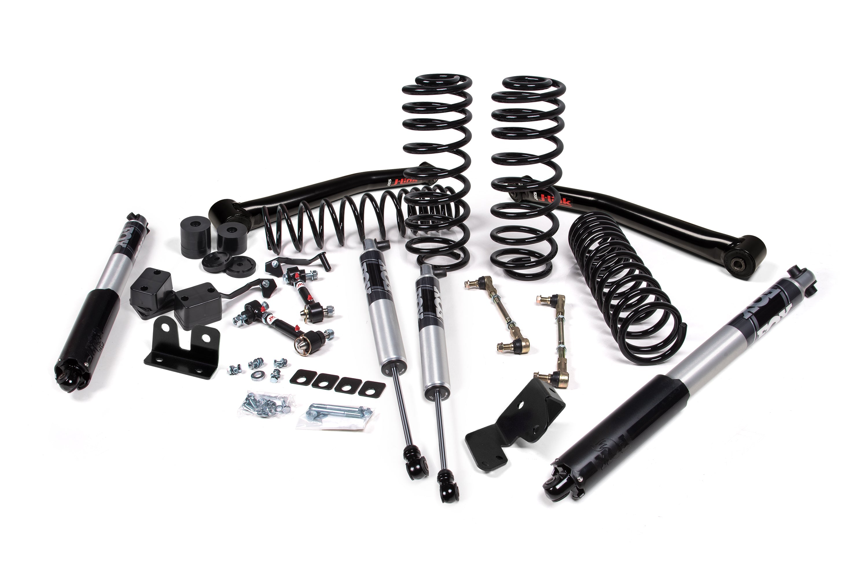 2.25-inch lift kit components for Wrangler JL 2-Door, including shocks, springs, and installation hardware.