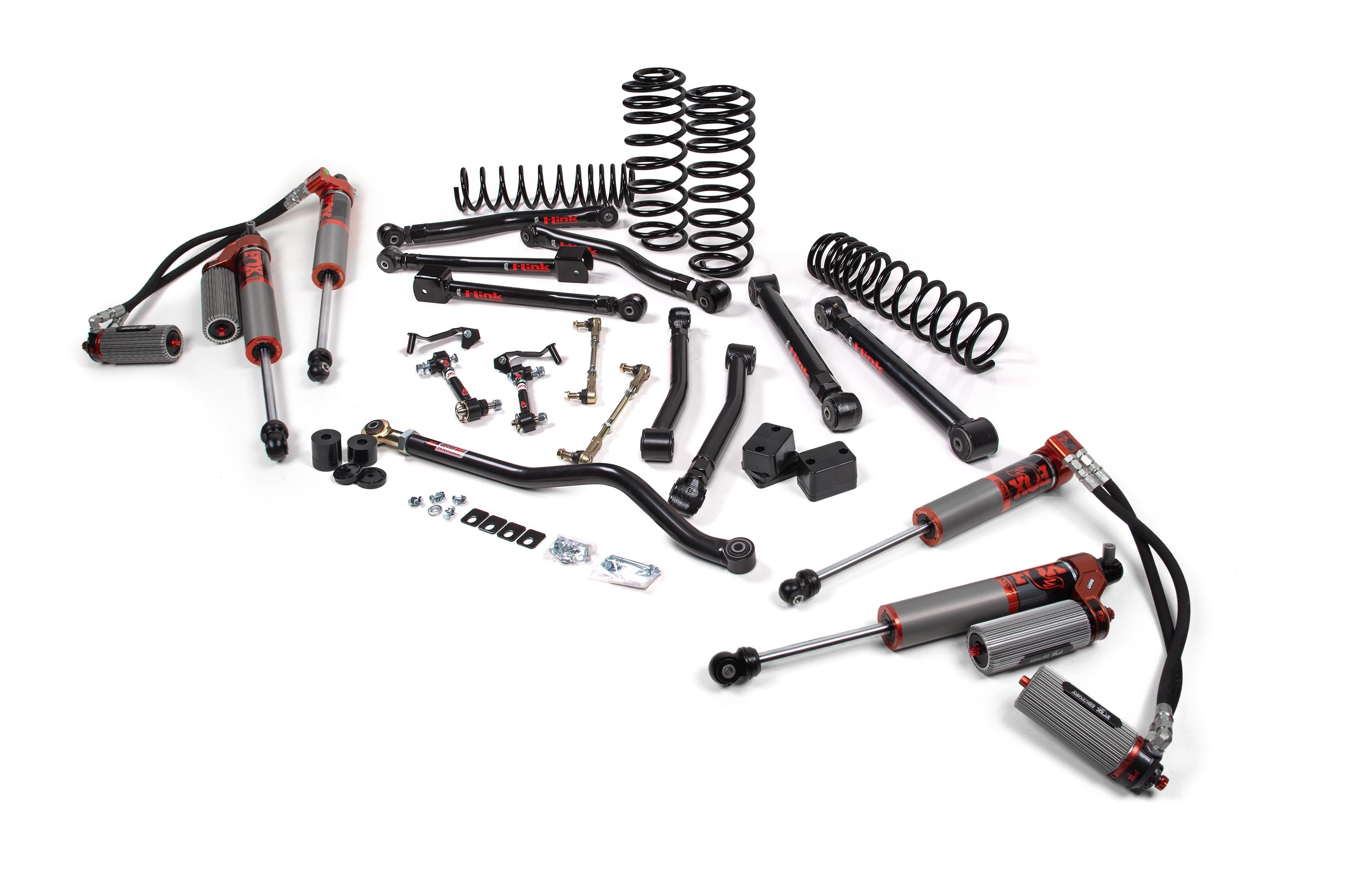3.5-inch lift kit components for Gladiator JT, including shocks, springs, control arms, and installation hardware.