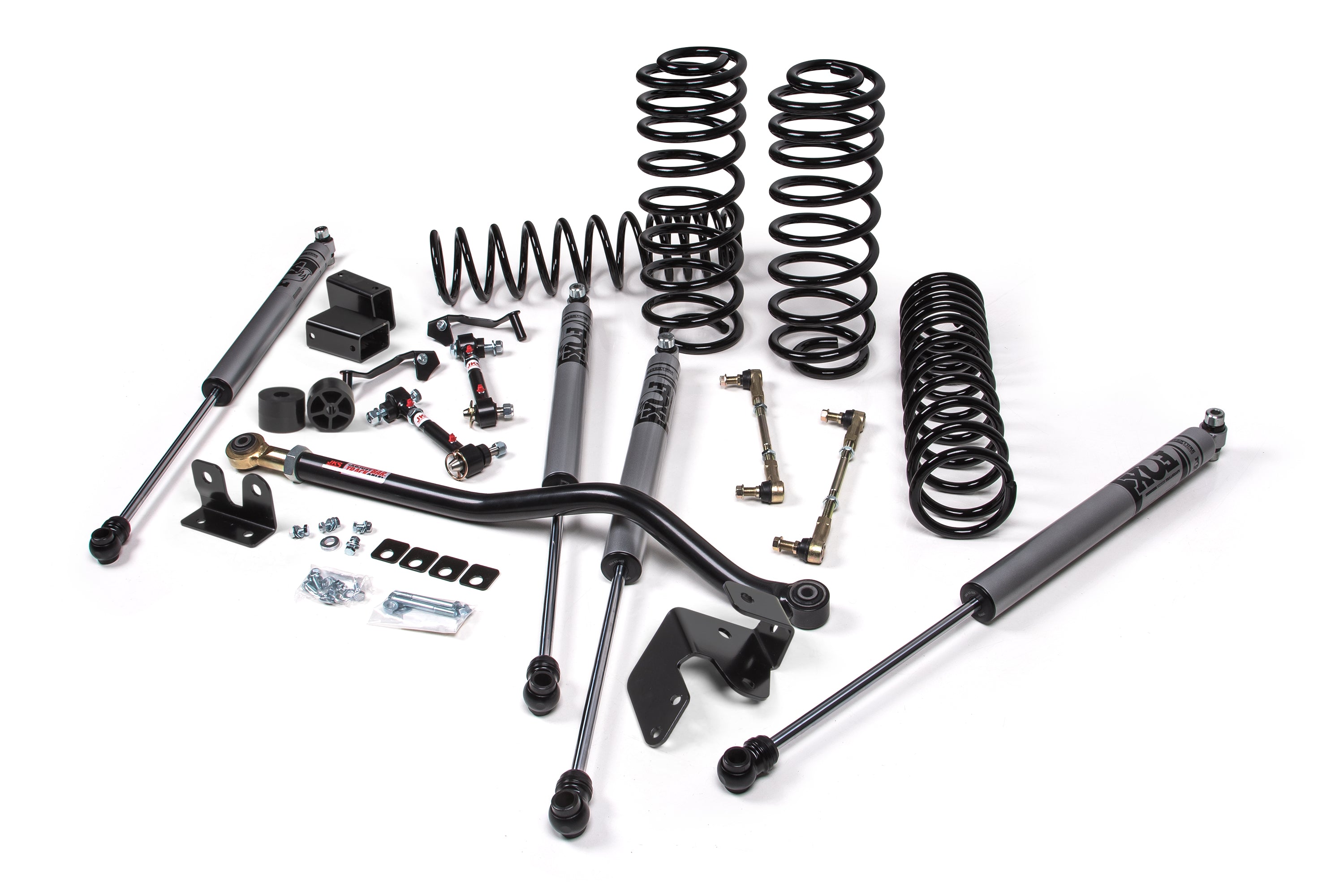 3-inch lift kit components for Wrangler JL RHD 2-Door, including shocks, springs, control arms, and installation hardware.