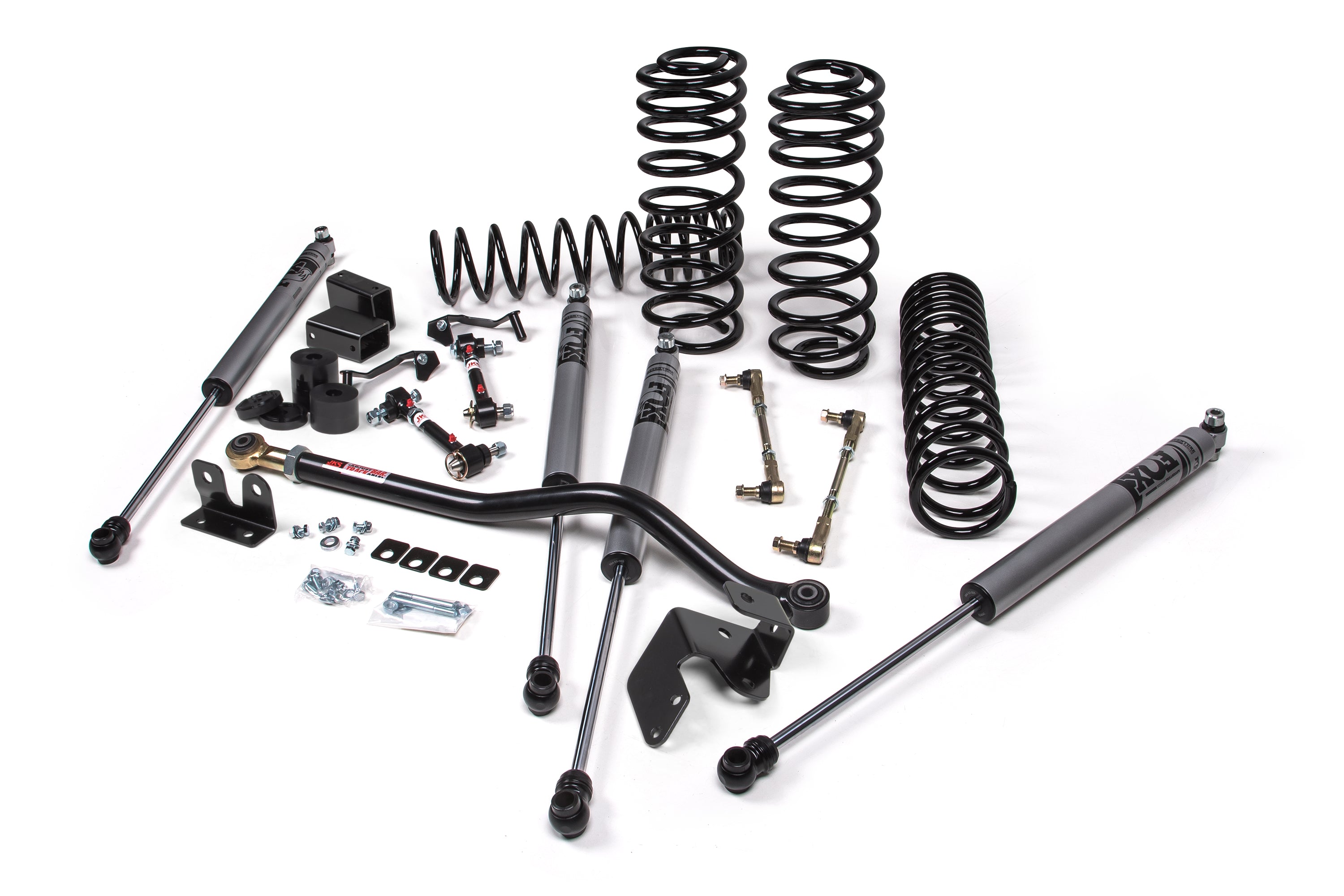 3.5-inch lift kit for Wrangler JL RHD 4-Door, including shocks, springs, control arms, and installation hardware.