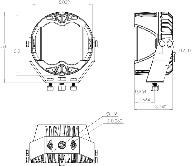 Baja Designs LP4 Pro LED driving light, featuring a compact design with precise dimensions for offroad applications.