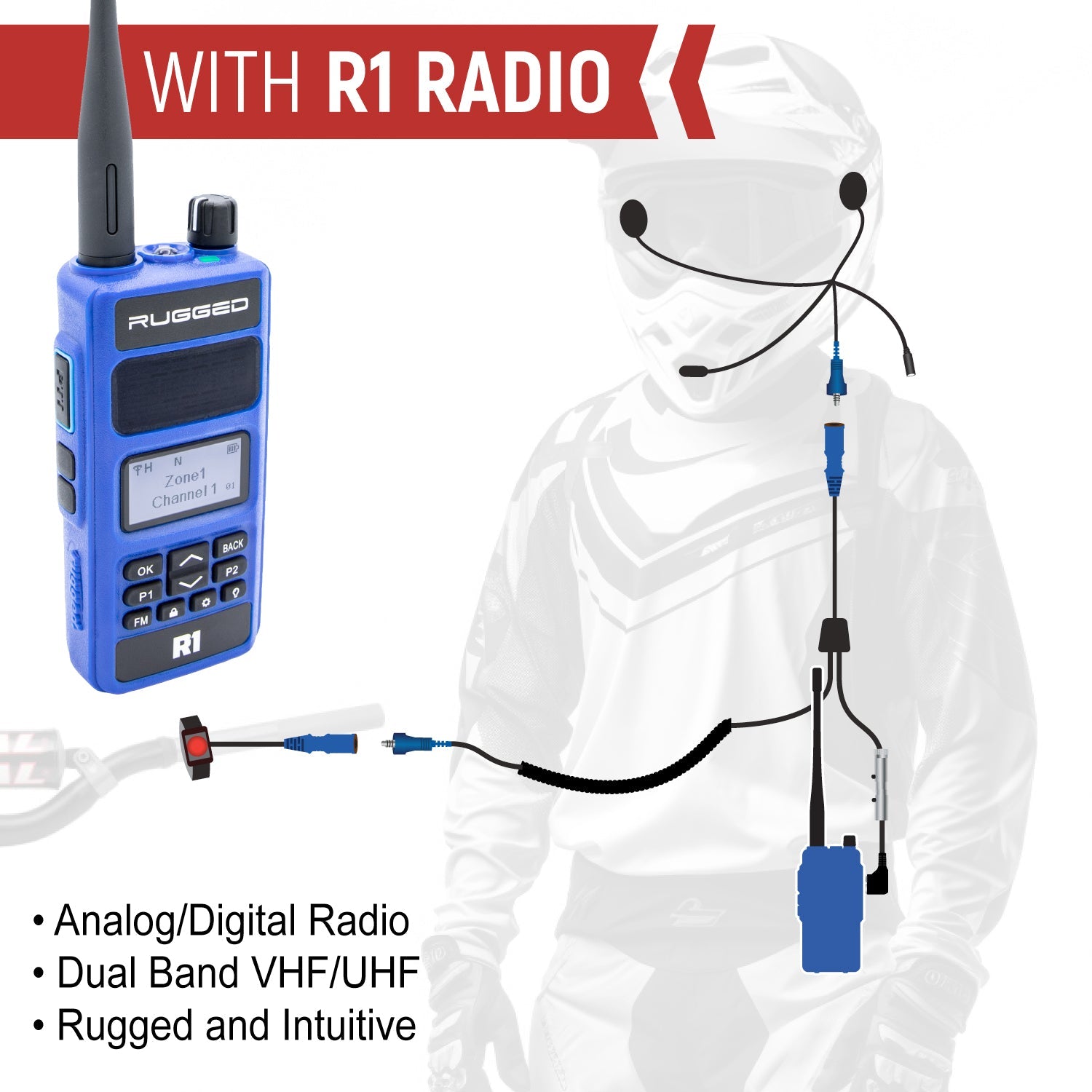 RACE SERIES Complete Motorcycle Communication Kit with OFFROAD Cables and R1 Radio