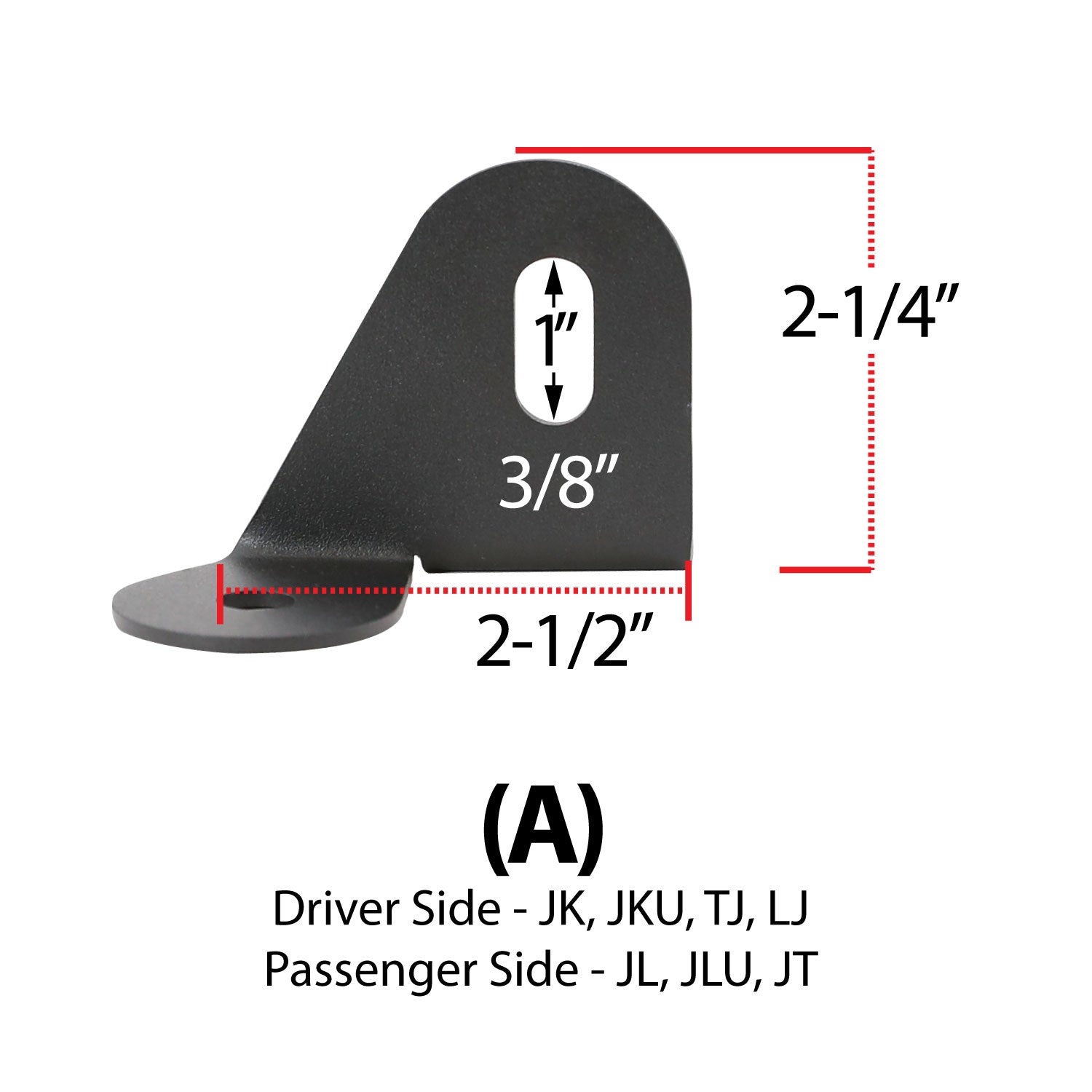 Antenna mount for Jeep Wrangler TJ, LJ, JK, JL, and Gladiator JT, featuring precise dimensions for easy installation.