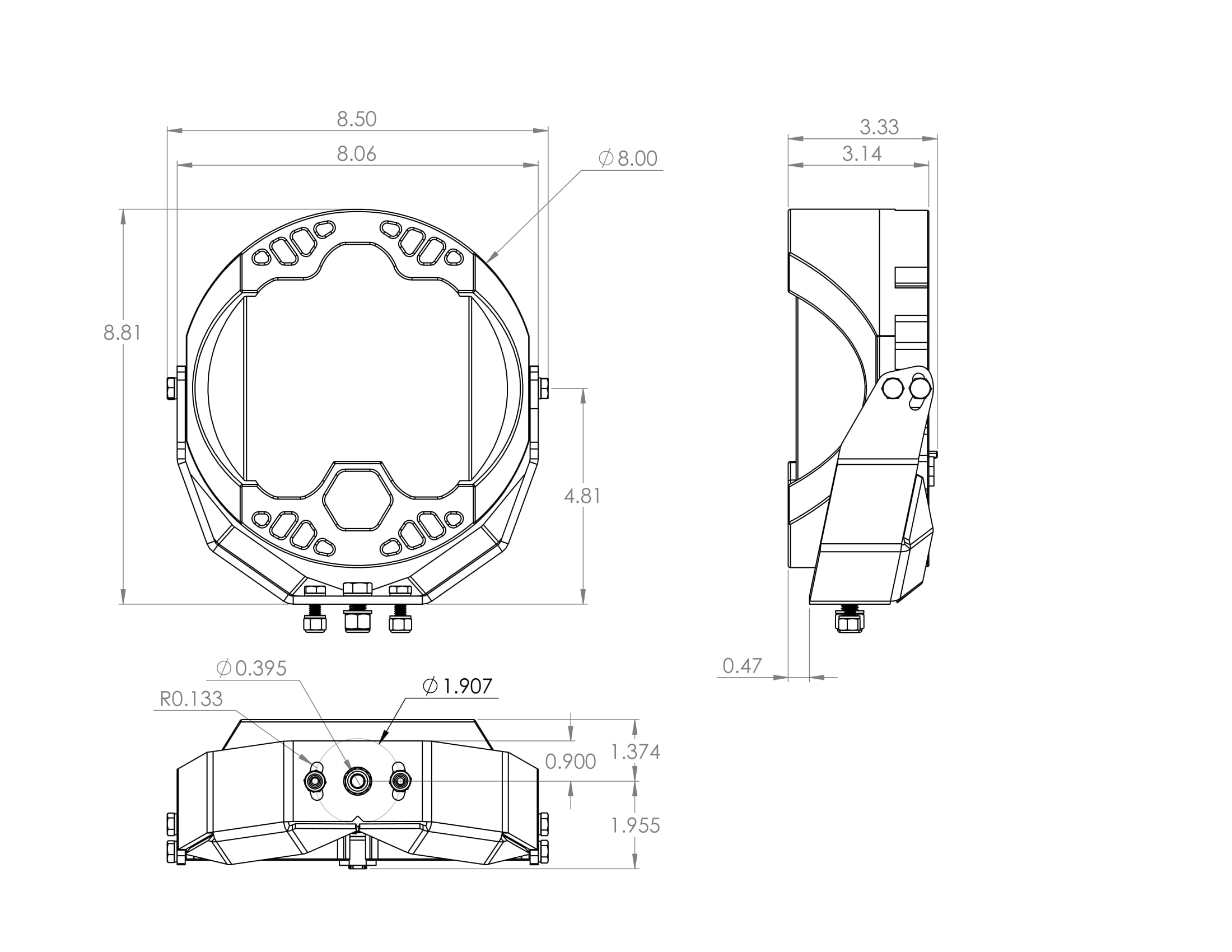 Baja Designs LP9 Pro Driving Combo LED light dimensions and technical drawing for offroad vehicle lighting.