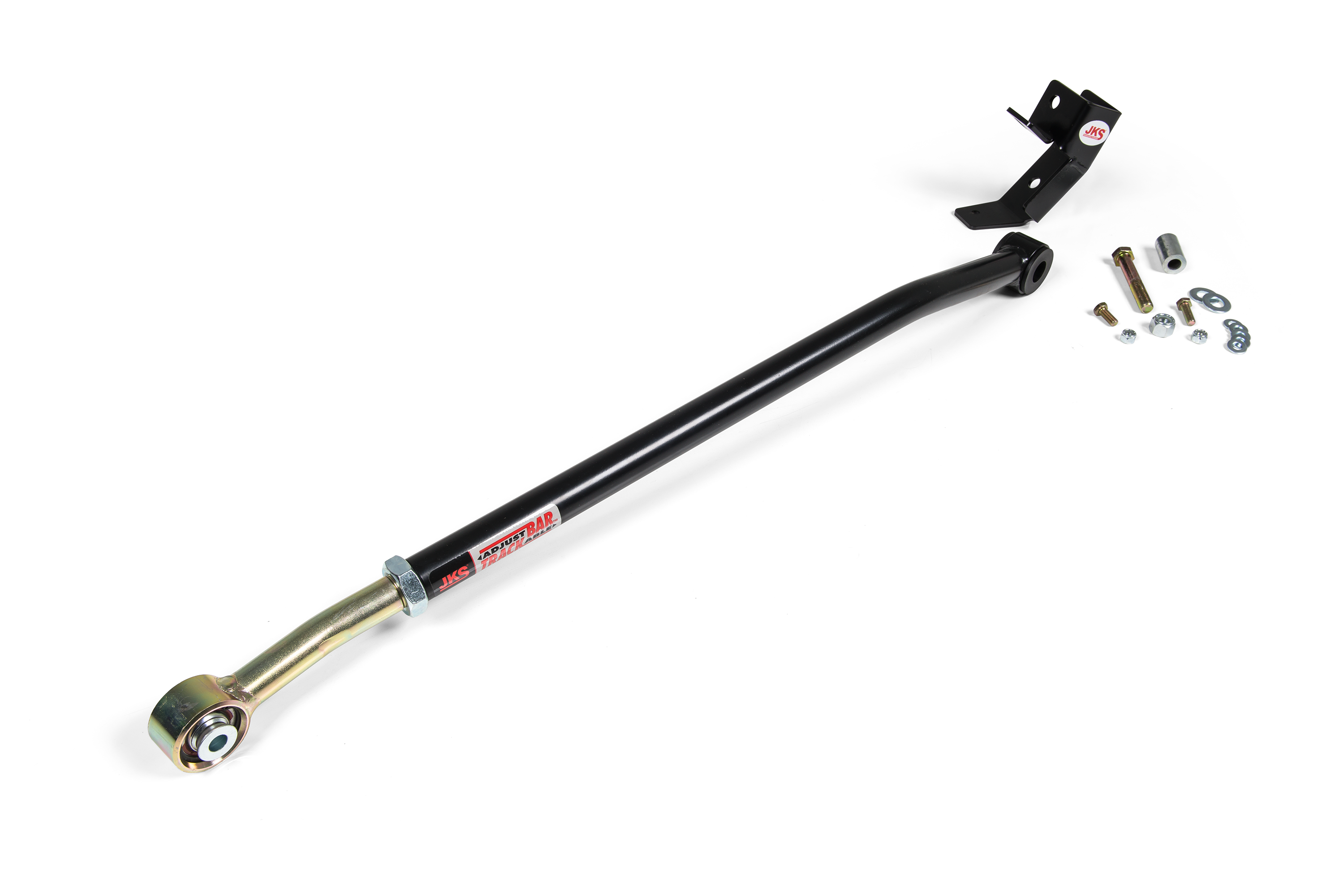 Adjustable rear track bar with relocation bracket and installation hardware for enhanced vehicle stability and alignment.