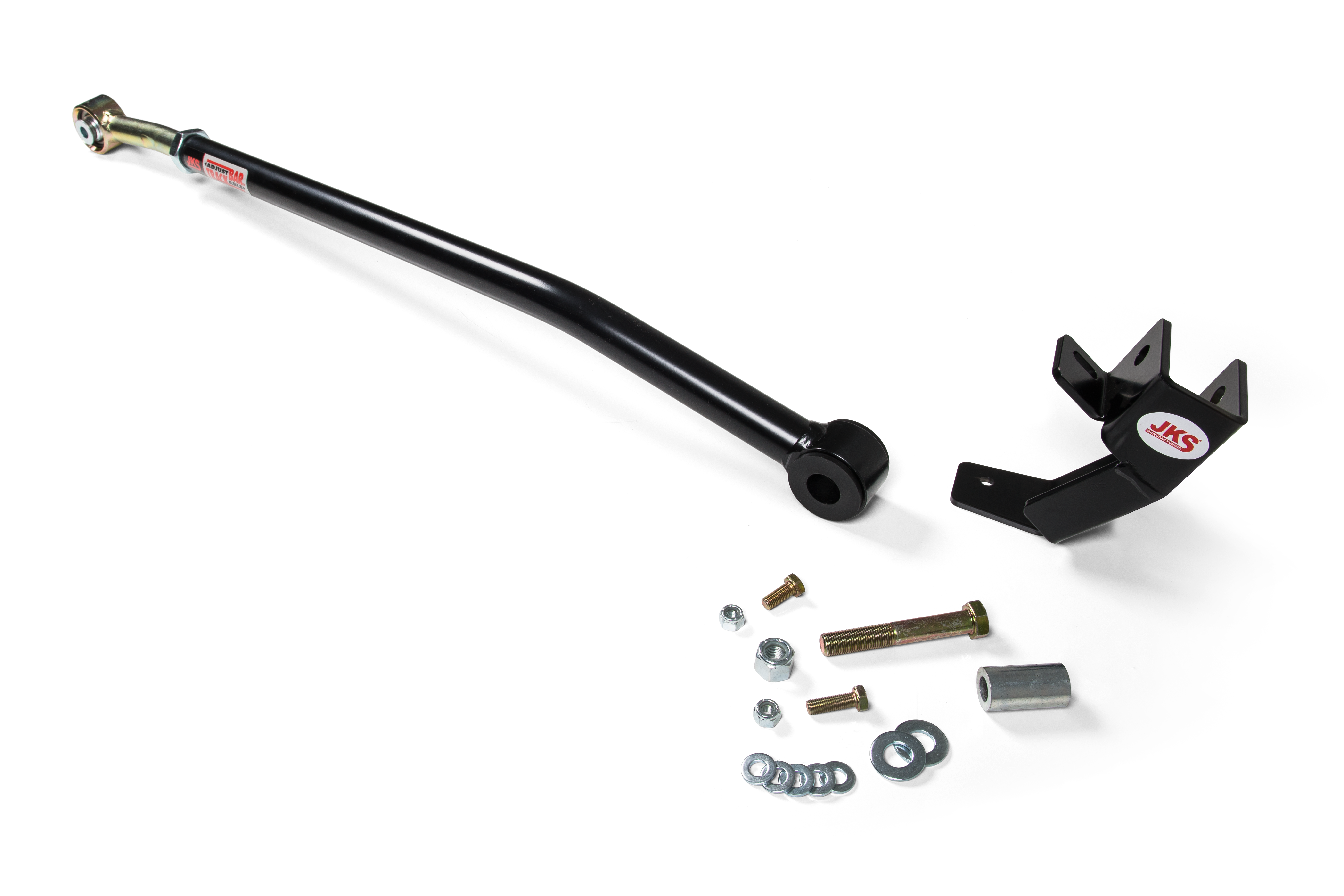 Adjustable rear track bar with relocation bracket and hardware for enhanced vehicle stability and alignment.