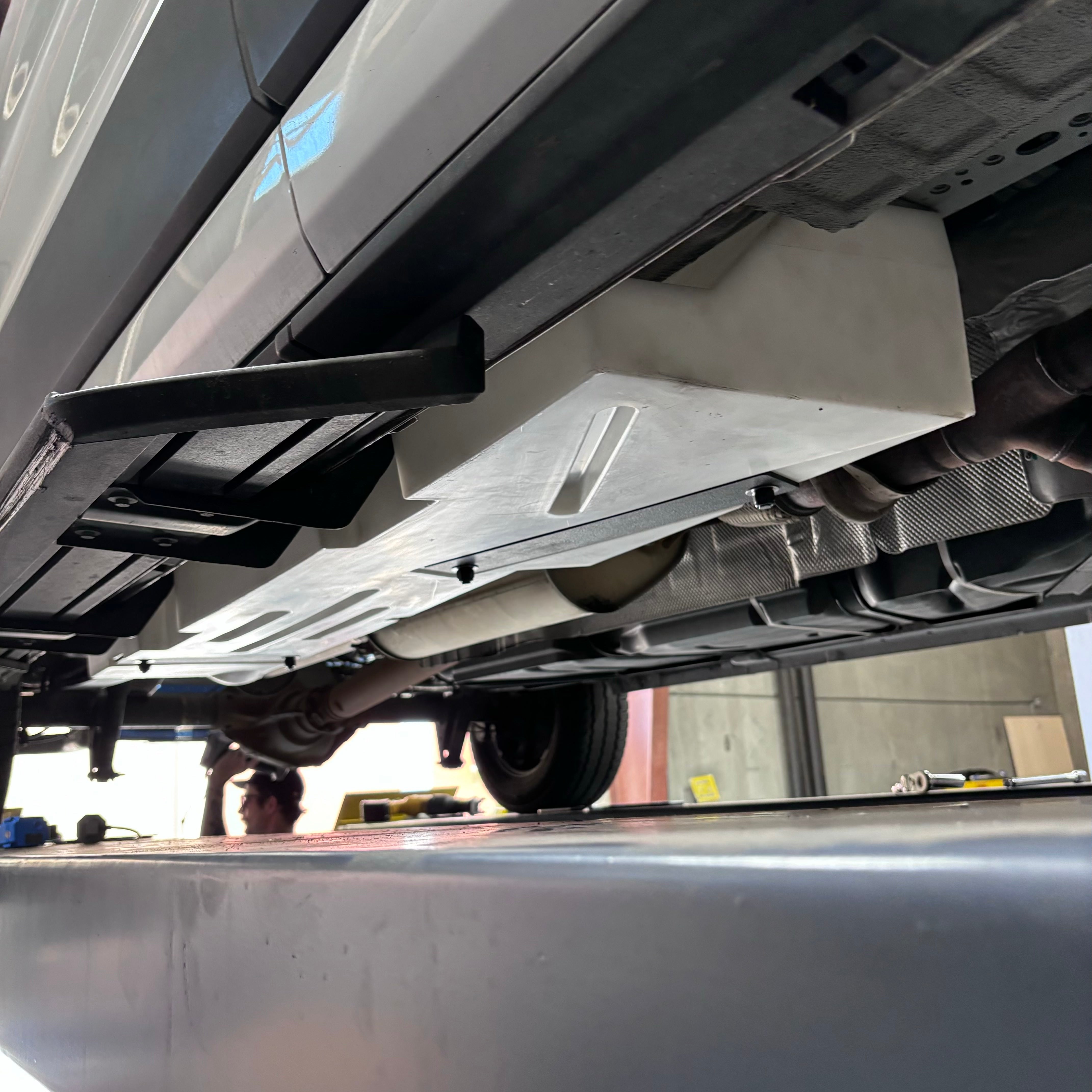 20-gallon undercarriage fresh/grey water tank for 2015-2025 Ford Transit, designed for passenger side installation.