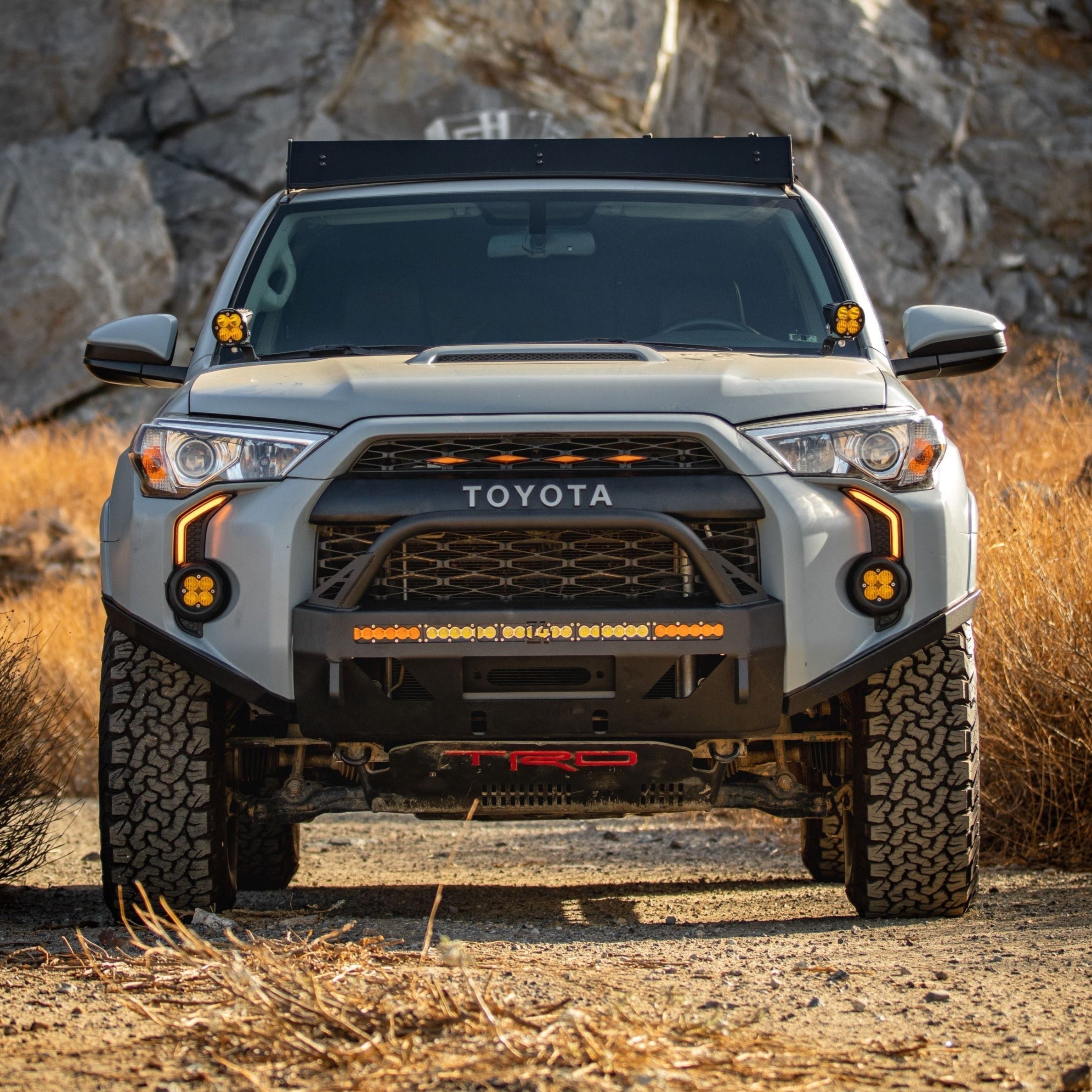 High clearance 4Runner Lo Pro bumper for 2014-2024 models, featuring rugged design and off-road lighting options.
