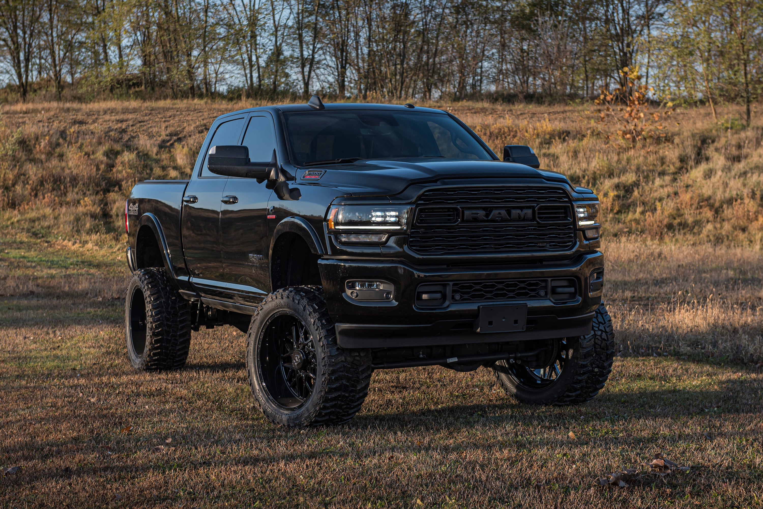 8-inch lift kit with 4-link for 2019-2024 Ram 2500 4WD diesel truck, showcasing enhanced off-road capabilities and aggressive stance.