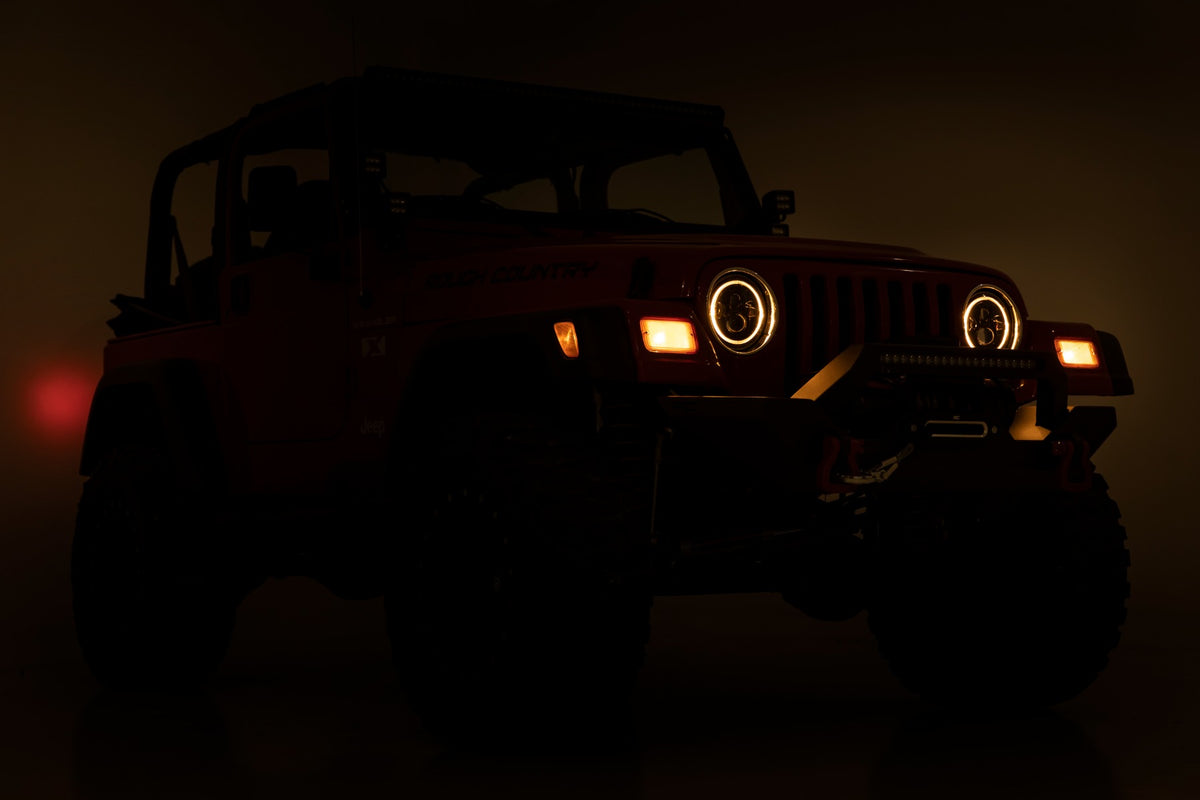 Headlights DRL Halo LED 7 Inch 97-06 Jeep Wrangler TJ 4WD Rough Country