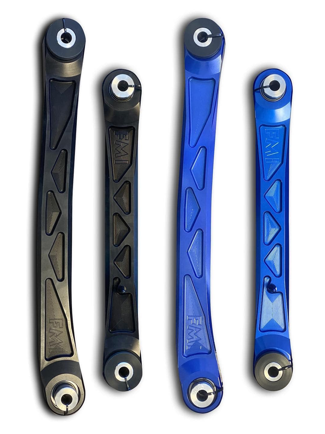 2025 Ram RHO rear upper suspension arm kit featuring two black and two blue billet aluminum arms for enhanced performance.